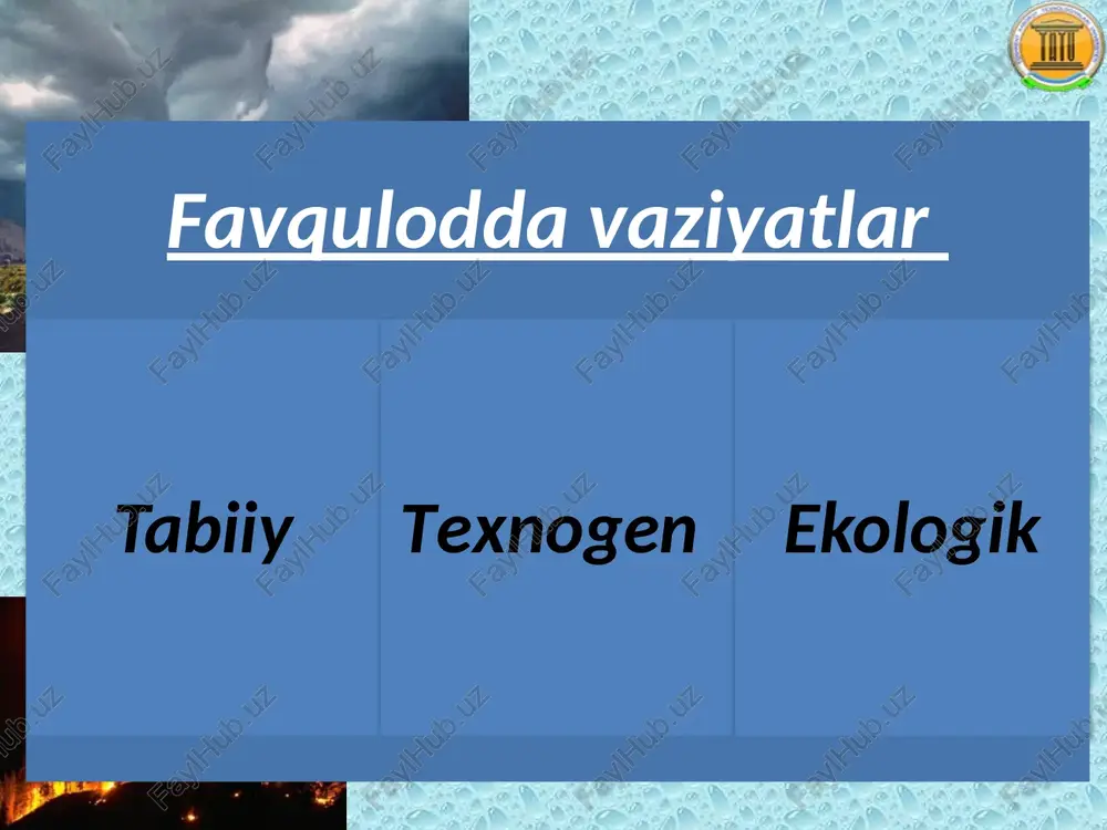 etadi. geofizik omillar – erning fizik hususiyati natijasida yuzaga keladigan turli noxush vaziyatlar majmuasini sodir etadi. geologik omillar – erning paydo bo’lishi bilan bogliq bo’lgan va hozirgacha davom etib kelayotgan ichki va tashqi kuchlari ta'sirida paydo bo’ladigan xavfli jarayonlarni yuzaga keltiradi. gidrogeologik omillar – er ichki va yuzasidagi suvlar ta'sirida paydo bo’ladigan nohush vaziyatlar tushuniladi. atmosfera omillari - erning atmosfera qatlamidagi o’zgarishlar natijasida xavfli holatlar paydo bo’lishiga olib keladi. respublikamizda va juda ko’p davlatlarda zilzila kuchi 12 balli shkala asosida baholanib, har bir ballga ega bo’lgan zilzila o’z tafsilotiga ega. bundan tashqari baholashda 8 balli rixter seysmik shkaladan ham foydalaniladi. 1 ball sezilarsiz. faqatgina seysmik asboblar qayd qiladi. 2 ball juda kuchsiz. uy ichida o’tirgan ba'zi odamlar sezishi mumkin 3 ball kuchsiz. ko’pchilik odamlar sezmaydi, osilgan jismlar asta-sekin tebranadi. 4 ball o’rtacha sezilarli. ochiq havoda turgan odamlar va bino ichidagilar sezadi. 5 ball ancha kuchli. hamma sezadi, uyqudagi odam uygonadi, …