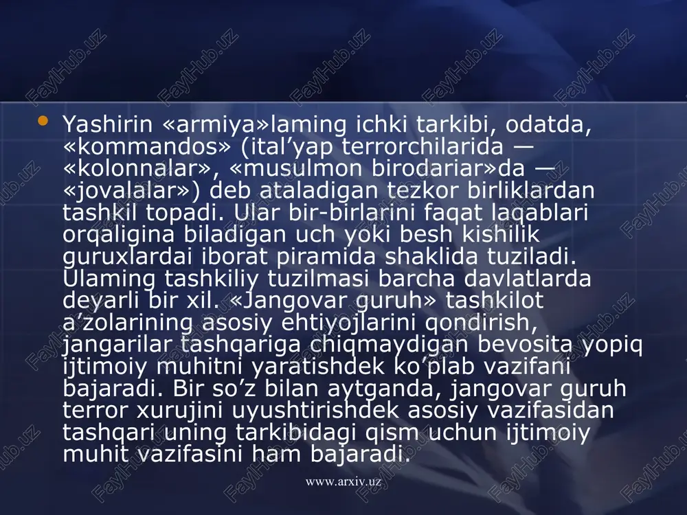 stremizm va terrorizmning hech narsa bilan o’lchab bo’lmaydigan darajada ko’zga tashlanadigan ijtimoiy hodisaga aylanishiga olib keldi. qiyos uchun: narkobiznesdan keladigan foydaga va soxta inqilobiylikni qo’llab-quwatlashga qaratilgan sotsialistik tuzum yordamiga tayanib, xx asming 70-yillarida lotinamerikalik zkstremistlar ko’plab terrorchilik hara-katlarini sodir etgan bo’lsalar ham, ommaviy axborot vositalarining o’sha paytdagi rivojlanganlik darajasi ularga global miqyosga chiqish imkonini bermagan edi. bunday vaziyatda lotin amerikasi ekstremizni mintaqaviy darajadan tashqariga chiqa olmagan. www.arxiv.uz www.arxiv.uz ekstremizm va terrorizm ommaviy axborot vositalari orqali yoritilmas ekan ko’zlangan «samarani» bennaydi. shu ma’noda ular o’zaro bog’liqdir. terrorchilik xuruji ommaviy axborot vositalarida qanchalik keng yoritilsa ushbu harakatni sodir etishdan kutiladigan natija shunchalik bevosita va yuqori bo’ladi. bu esa, u yoki bu harakatni o’tkazishdan ko’zlanadigan asosiy maqsad hisoblanadi. axborot maydoni rivojlanib, tobora to’yinib borayotgan, ammo uni etkazishda mazmunan ham, shaklan ham o’zibo’larchilik ustuvorlik qilayotgan hozirgi davrda oav ekstremizm va terrorizm qo’lidagi kuchli qurolga aylanib qolmokda. to’g’ri, hech bir oav o’z holicha terrorchilik xurujining …