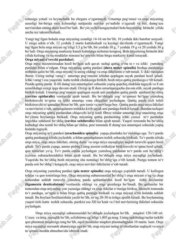 ronlarning o‘simtalari ma’lum bir segmentga tegishli sohaga tarqaydi. nerv tizimining taraqqiyoti odamning markaziy nerv tizimi pushtning tashqi varag’i ektodermadan taraqqiy etadi. pusht tanasining dorsal qismlarida ektoderma hujayralari nerv (medullyar) plastinkani hosil qiladi. dastlab u bir qavat hujayralardan iborat bo‘lib, keyinchalik bu hujayralardan spongioblastlar (tayanch to‘qima-neyrogliyani hosil qiluvchi) va nerv hujayralarini hosil qiluvchi neyroblastlar takomillashadi. medullyar plastinka hujayralarining ko‘payishi uning turli qismlarida har xil bo‘lgani uchun u bukilib medullyar egat hosil bo‘ladi. uning chekkalari o‘sishi natijasida sekin-asta ko‘tariladi va o‘zaro birikib nerv nayini hosil qiladi. nerv nayi birikish davrida uch qavatdan iborat bo‘lib, keyinchalik ichki qavatidan qorinchalar va markaziy kanalni ichini qoplagan ependima qoplamasi, o‘rta qavatdan miyaning kul rang moddasi hosil bo‘ladi. tashqi qavatda hujayralar bo‘lmay miyaning oq moddasiga aylanadi. nerv nayi markaziy nerv tizimining kurtagi bo‘lib, uning orqa qismidan orqa miya taraqqiy etadi. nerv nayining oldingi qismi homila hayotining 3 haftasi oxirida kengayib, uchta birlamchi miya pufakchalarini hosil qiladi. oldingi …