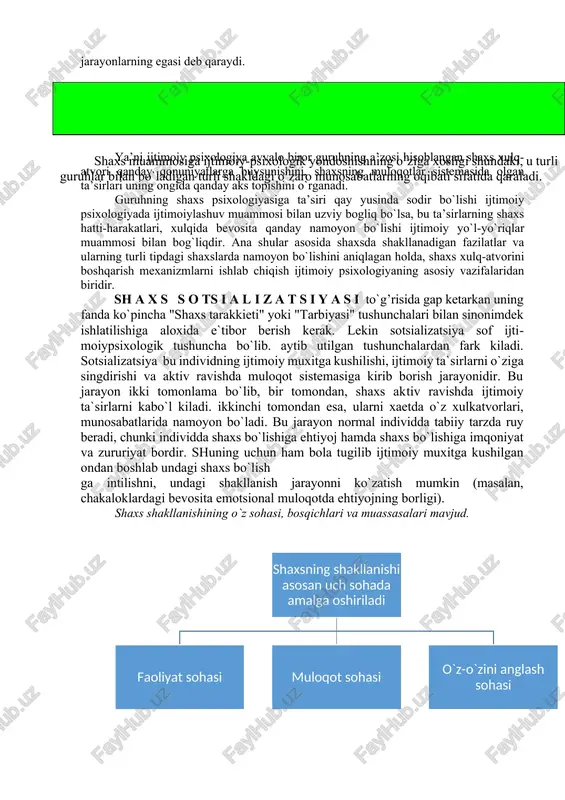muloqotda ehtiyojning borligi). shaxs shakllanishining o`z sohasi, bosqichlari va muassasalari mavjud. 3.5-sxema faoliyat sohasi, ya’ni umr mobaynida shaxs turli faoliyatlarga bevosita yoki bilvosita jalb etilgan bo`lib bu jarayonda fan qatalogi kengayib, boyib boraveradi. har bir faoliyat turi individdan maxsus fazilatlarning, malaka va ko`nikmalarining, bilimlarning borligini talab etadiki, ularni koniktirish yo`lidagi aktivligi unda o`ziga xos ijtimoiy-psixologik xususiyatlar kompleksini shakllantiradi; muloqot sohasi, ayniqsa maktabgacha yosh davrdagi va o`smirlik davrlaridagi muloqot sistemalari bolada bir qancha ijtimoiy xislatlarni paydo qiladiki, uning natijasida u faol hayotiy mavqega ega bo`ladi, jamiyatda o`z o`rnini tasavvur qilishga erishadi. o`z-o`zini anglash sohasi, ya’ni "men" obrazining yil sayin o`zgarib borishi jarayoni bo`lib, avval o`zini boshqalardan farqliligini, o`zicha mustaqil xarakat qilish, mustakil fikr yurita olish kobiliyatini anglash, sungra o`z-uzini baholash, anglash, nazorat qilish xususiyatlari rivojlanadiki, ular ham faol shaxs psixologiyasining tarkibiy qismidir. shaxs sotsializatsiyasi, yukorida ta’kidlab o`tganimizdek, bola tugilishi bilan boshlansa-da, sezilarli, samaradorlik nuqtai nazaridan uning bosqichlari farqlanadi. masalan, birinchi bosqich …