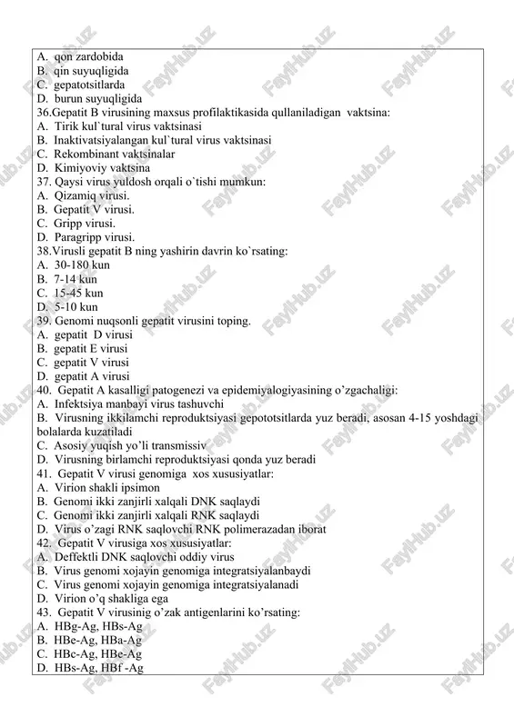 g m anti - hbc c. immunoglobulinlarning qonda xosil bolishi d. qonda ferment miqdorining oshishi, biokimiyoviy ko’rsatgichlar 47. qonda qaysi antitelolarning xosil bolishi kasallikning sog’ayishidan darak beradi? a. anti hbc b. anti hbe c. anti hbf d. anti hbs 48. vgv kasalligining surunkali shaklida qonda qaysi antigenning anıqlanishi bemorning atrof muhitga xavfli ekanligidan darak beradi? a. hbf antigen b. hbs antigen c. hbe antigen d. hbs antigen 49. gepatit v kasalligi mahsus profilaktikasi uchun qanday vaktsina qo’llaniladi? a. hbs-ag tayyorlangan recombinant vaktsina b. hbe-ag tayyorlangan tirik vaktsina c. hbs-ag tayyorlangan tirik vaktsina d. hba-ag tayyorlangan kimioviy vaktsina 50. gepatit e virusi qaysi avlodga mansub: a. hepevirus b. retrovirus c. pikornavirus d. ortomiksovirus 51.gepatit e virusining morfologiyasini ko`rsating a. ikosaedr shaklda 34-42nm b. sferik shaklda diametri 27-34 nm c. oval shaklda 35-27 nm d. tayoqcha shaklda 40-50 nm 52. gepatit e virusining genomi tuzilishini ko`rsating: a. ikki ipli manfiy dnk b. …