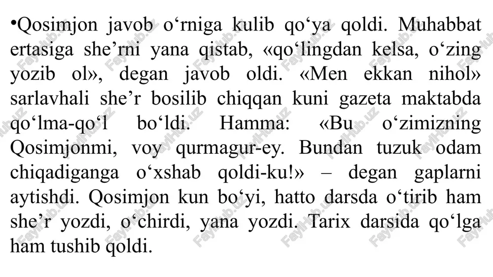 ahalgacha tili so‘zga kelmay duduqlanib qolganligi sabablari haqida o‘ylab ko‘ring. uning o‘rnida siz bo‘lsangiz, nima qilardingiz? shoshmasdan, yaxshilab o‘ylab ko 'rib javob bering. 10. qosimjonning muhabbatni urmoqchi bo‘lganiga qanday qaraysiz? qosimjonning o‘rnida bo‘lsangiz siz nima qilgan bo‘lardingiz? 11. o‘ylab ko‘ring-chi, muhabbat qosimjonning karikaturasini chizib to‘g‘ri ish qildimi? har qanday holatda ham qarashlaringizni asoslab bering. 12. sinf majlisidan qochib qolgan qosimjonga: “albatta, sen qayoqda-yu, ular qayoqda" deya dalda bergan tohirga baho bering. tohirga baho berishda hikoyadagi: "tohir do‘stining ortidan soyadek ergashib borarkan, eng og‘ir payfda uni yolg‘izlatib qo‘ymaganidan mamnun edi” degan fikrga ham diqqat qiling. sizningcha, u qanday bola? fikringizni asoslang. 13. qosimjonning sinf majlisidan qochib qolishiga o‘z munosabatingizni bildiring. u qochmay majlisda qatnashganda nimalar bolishi mumkinligini tasavvur qiling. vaziyatga munosabat bildiring. 14. qosimjonning: “butun sinfni, o‘rtoqlarini, undan keyin o'qituvchisini ham aldab, ularning yuziga oyoq bosganiga yuragining allaqayeri achishib turgan bo‘lsa-da: «barcha shoirlar ham qiyinchilik bilan shoir bo‘lishgan. men ham hozir …
