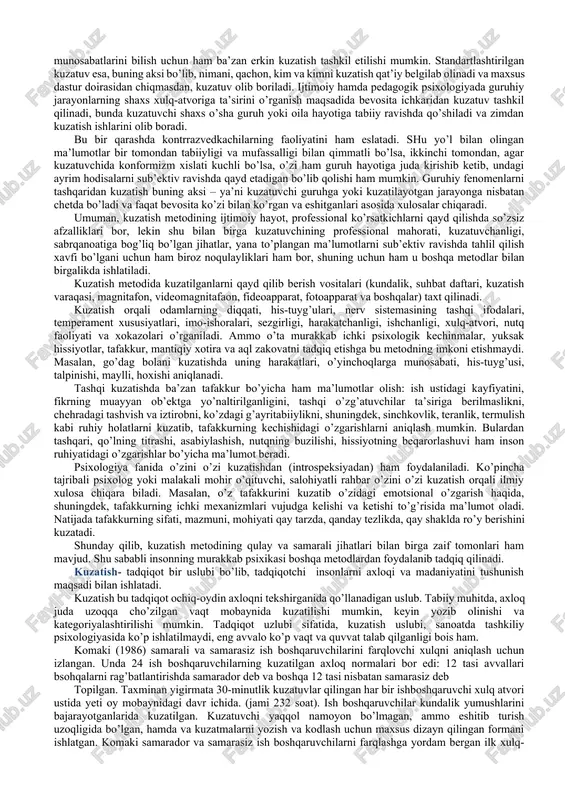 ning faoliyatida alohida ko‘zdan kechiriladigan bo‘lsa, faqat shundagina o‘z-o‘zini kuzatish metodida bir tomonlama xulosa chiqarish va subyektivizm ro‘y berishi mumkin. tashqi va ichki kuzatishning birligi lekin odam psixikasini faqat o‘z-o‘zini kuzatish metodi bilan o‘rganib bo‘lmasa, faqat tashqi kuzatish yo‘li bilan, ya’ni o‘z-o‘zini kuzatish ma’lumotlari bilan bog‘lanmasligi ham mumkin emas. o‘z-o‘zini kuzatish metodining ahamiyatini tamomila inkor qilish – odamning yuksak darajadagi bilish qobiliyatiga, ijodiy qobiliyatiga, ongiga ishonmaslik demakdir. boshqa kishilarni kuzatishning xususiyati shundaki, tadqiqotchi shu kishilar xulq-atvorining tashqi ko‘rinishlarini idrok etar ekan, ko‘nglidan kechayotgan hislarini bir qadar biladi. shu sababli psixolog tashqaridan kuzatish yo‘li bilan va o‘z-o‘zini kuzatish ma’lumotlariga tayanib, odamning turli xatti-harakatlarini tasvir etish bilangina kifoyalanib qolmay, balki umuman psixik hayot hodisalari haqida, ularning tashqi va ichki (subyektiv) ko‘rinishlari haqida xulosalar ham chiqarishi mumkin. tadqiqotchi psixolog kishilar bilan muomala qilishda turmush tajribasiga va ilmiy tekshirish ishlarida yetarli amaliyotga ega bo‘lganida psixik hayotning tashqi ko‘rinishlarini kuzatar ekan, psixik jarayonlarning subyektiv suratda …