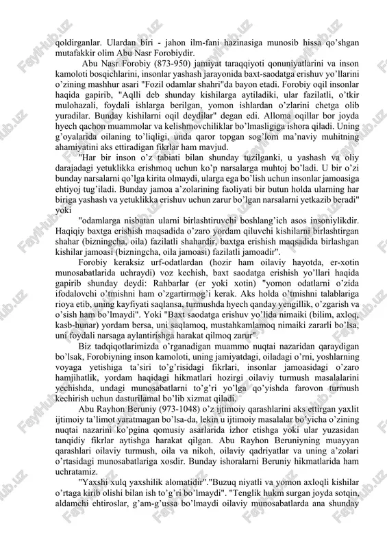 di. olloh bergan qonunga ko’ra, hayotga qadam qo’yadigan har bir qiz erga, har bir erkak ayolga muhtoj bo’ladi. erkaklar ayol uchun, ayollar erkak uchun yaratilgandir. hayot mavjud ekan, bu qonunni hyech kim buza olmaydi". shu sababli sen tug’ilib o’sgan va voyaga yetgan uyingdan, yayrab-yashnab, o’ynab-kulib yurgan yeringdan chiqib, o’zing bilmaydigan, notanish uyga borasan. kelajakda bu uy senikidir. sen eringga shunday xizmat qilki, ul ham senga qul bo’lsin. sen unga yer bo’lki, u senga osmon bo’lsin ! aytganlarimga amal qilsang ering bilan go’zal hayot kechirasizlar, mas’ud, baxtiyor va saodatli turmush ko’rasizlar. bizlar ham (har ikki oila bizning ham, eringning ham oilasi) huzur-halovatda va baxtiyor bo’lamiz. aks holda ikki oilada ham huzur-halovat bo’lmaydi. sen o’zing bir jahannamda yashagandek bo’lasan. qizim! endi senga aytadigan o’n o’gitimga quloq sol! bularni doimo yodingda tut; 1.qanoat sohibasi bo’l. o’z xolingga shukur qil. ya’ni, ering uyga nimaiki olib kelsa, u xoh yeydigan, xoh kiyadigan narsa bo’lsin, xushfe’llik …