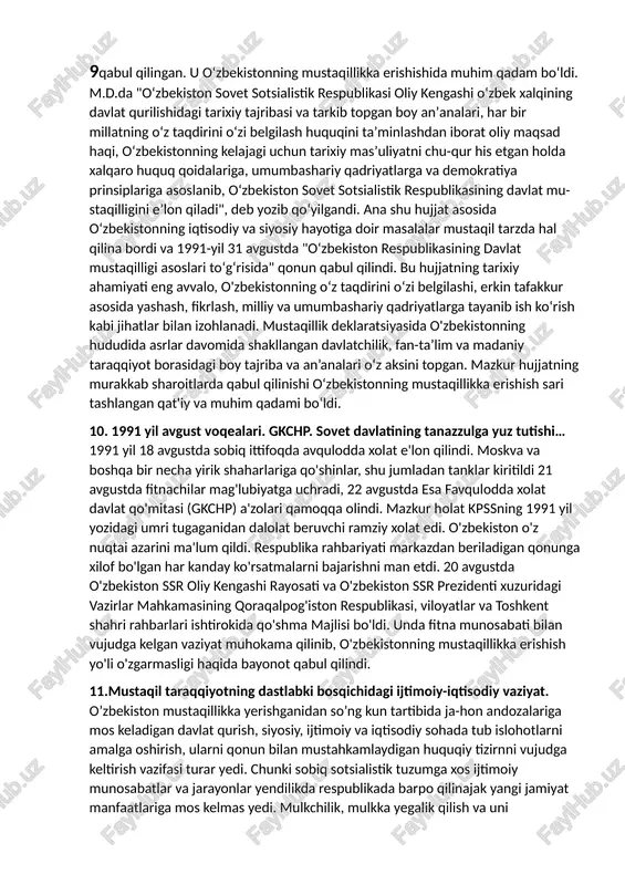 z tarixidagi eng murakkab davrlardan biridir.bir tomondan mehnatkashlarning fidokorona mehnati tufayli respublika iqtisodiyoti rivojlandi.ikkinchi tomondan, ijtimoiy-iqtisodiy, ma’naviy hayotda muammolar, noxush holatlar to’planib borib pirovardida inqirozli vaziyatni keltirib chiqardi. 7.orol fojiasi kelib chiqish sabablari nimadan iborat?.... orol dengizi va orol boʻyi hududi maʼmuriy jihatdan oʻzbekiston (qoraqalpogʻiston) va qozogʻiston hududida joylashgan. orol dengizining yarmidan koʻproq qismi oʻzbekiston hududiga qarashli. orolboʻyi amudaryo va sirdaryoning quyi qismi hamda orol 7dengizi atrofidagi hududlarni, shuningdek, dengiz sathining pasayishi natijasida uning shimoli-sharqiy va janubiy qismida vujudga kelgan orol choʻlini oʻz ichiga oladi. dengiz choʻl mintaqasida joylashganidan uning yuzasidan har yili 1 m qalinlikdagi suv bugʻlangan. oʻtgan asrning boshlaridan suv sathi pasaya boshlangan. masalan, 1911—1960-yillar davomida orol dengiziga daryolardan yogʻin bilan birga bir yilda, oʻrtacha 65 kub, km suv kelib turgan; suv yuzasidan esa 66,10 kub, km suv bugʻlangan. shunday qilib, har yili dengiz 1 kub km 50 yil davomida esa 50 kub, km suvni yoʻqotgan. suv sathi …
