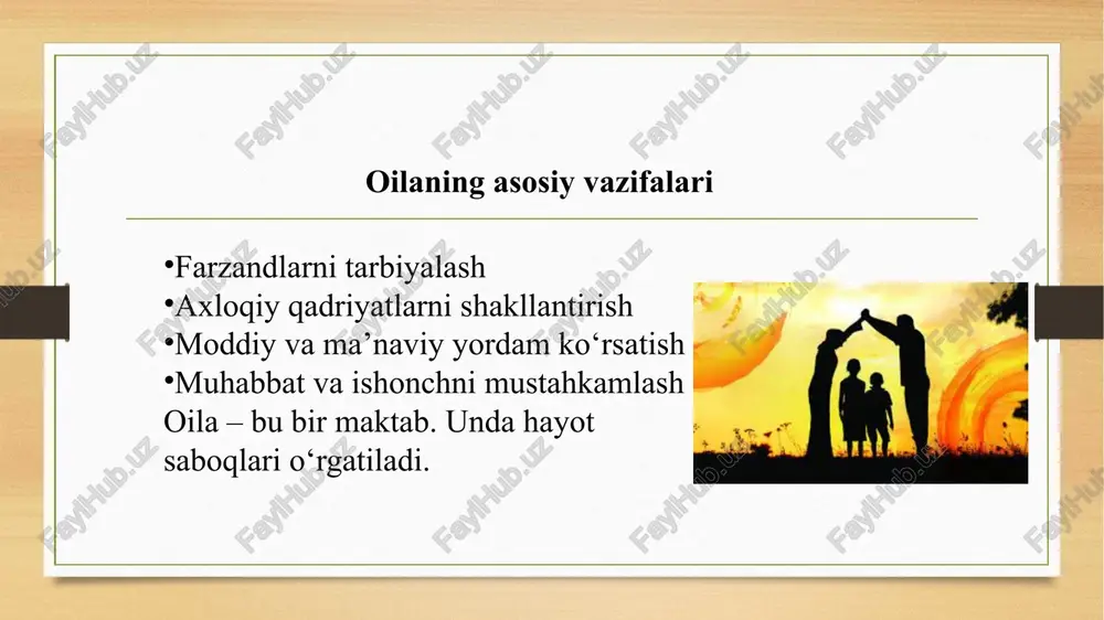 g‘ishlaydi. oila va sabr hech bir oila sinovlarsiz bo‘lmaydi. hayotda ba’zan tushunmovchiliklar, turli fikrlar yoki muammolar yuzaga keladi. ana shunday paytlarda eng muhim fazilat — sabrdir. sabr — bu faqat jim turish emas, balki tinchlikni saqlash, to‘g‘ri yo‘lni tanlash va har qanday holatda ham mehrni asrashdir. oila hayotida sabrli bo‘lgan inson o‘z harakati bilan boshqalarga ham tinchlik va totuvlik olib kiradi. ota-ona bir-biriga nisbatan sabrli, kechirimli va murosali bo‘lsa, bu fazilat bolalarda ham shakllanadi. sabrli oila – mustahkam oila, sabrli inson – baxtli inson demakdir. ayollar o‘rni ayol – oilaning yuragi, mehr va go‘zallik timsoli. har bir oilaning mustahkamligi, tinchligi va iliqligi, avvalo, undagi ayolning sabr-toqati, mehr-muhabbati va fidoyiligiga bog‘liq. onalar farzandni tarbiyalaydi, ro‘zg‘orni yuritadi, oilaning ruhiy osoyishtaligini saqlaydi. ayol — hayotning bezagi, oilaning tayanchi va jamiyatning yuksalishida beqiyos kuchdir. agar oilada ayol baxtli bo‘lsa, butun oila baxtlidir. shu sababli jamiyatda ayollarni qadrlash, ularga hurmat ko‘rsatish — bu nafaqat insoniy …
