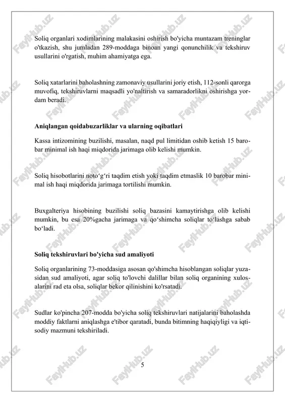 ndan boshlab 90 kun ichida amalga oshirilishi mumkin. palata soliq tekshiruvi – bu soliq organlari tomonidan korxonaning soliq hisobotlari va boshqa hujjatlarining 3 yilgacha bo'lgan davrini tekshirish jarayonidir. xulosa kamera soliq tekshiruvi xatolarni aniqlash va bartaraf etish, soliq qonunchiligiga rioya qilishni taʼminlash uchun muhim vositadir. foydalanilgan adabiyotlar 1. soliq kodeksi, o'zbekiston respublikasi. 2. "tadbirkorlik sub'ektlarining faoliyatini tekshirishlarni tartibga solish to'g'risida"gi o'zbekiston respublikasi qonuni. 3. o'zbekiston respublikasi davlat soliq qo'mitasining normativ-huquqiy hujjatlari. 4. o'zbekiston respublikasi prezidentining "o'zbekiston respublikasining soliq siyosatini yanada takomillashtirish chora-tadbirlari to'g'risida"gi qarori. 5 2