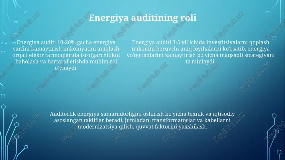gichlarda yoy hosil bo'lishi va uni so'ndirish jarayonida energiya yo'qotiladi, bu ayniqsa yuqori voltli (110 kv va undan yuqori) tizimlarda sezilarli issiqlik ajratilishiga olib keladi. xulosa energiya yo'qotilishlarini 8-12% gacha qisqartirish uchun zamonaviy hisoblagichlar va monitoring tizimlarini joriy etish zarur. bunga tarmoq konfiguratsiyasini optimallashtirish orqali erishish mumkin. yo'qotishlarni 5-7% kamaytirish uchun transformator podstansiyalarining yuklanish darajasini baholash va ularni optimal quvvat bilan almashtirish muhim. bunda quvvat omilini 0.95 dan yuqori ushlab turish zarur. yo'qotishlarni 5-7% kamaytirish uchun transformator podstansiyalarining yuklanish darajasini baholash va ularni optimal quvvat bilan almashtirish muhim. bunda quvvat omilini 0.95 dan yuqori ushlab turish zarur. energiya yo'qotishlarining turlari: texnik va tijorat texnik yo'qotishlarni kamaytirish uchun transformatorlarning optimal joylashuvi va yuqori o'tkazuvchanlikka ega kabellardan foydalanish lozim, bu esa yo'qotishlarni kamida 2% ga qisqartiradi. texnik yo'qotishlar asosan tarmoqdagi elektr tokining o'tishi natijasida yuzaga keladi, masalan, simlarning qarshiligi tufayli issiqlik energiyasiga (i²r) 3-5% gacha o'zgarishi bunga misol. tijorat yo'qotishlar elektr energiyasini …