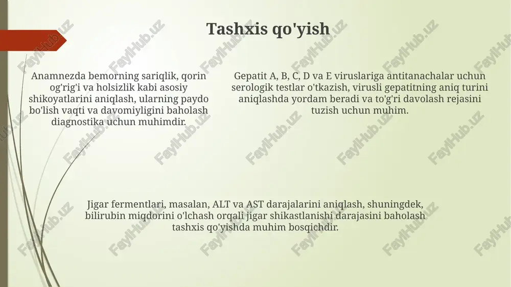 i ko'rsatadi; odatda 3-6 oy ichida yo'qoladi va o'tkir infektsiyani tasdiqlaydi. hbsag - gepatit b virusi yuqishining o'tkir yoki surunkali bosqichida mavjudligini ko'rsatadigan sirt antigeni bo'lib, 6 oydan ortiq davom etishi surunkali infektsiyani anglatadi. dori-darmon anamnezi dori-darmon anamnezida bemorning so'nggi 6 oy ichida qabul qilgan barcha dori vositalari, jumladan, retseptsiz dori-darmonlar va o'simlik preparatlari ko'rsatilishi shart. anamnezda bemorning dori vositalariga allergiyasi (agar mavjud bo'lsa) va nojo'ya ta'sirlari to'g'risidagi ma'lumotlar ham bo'lishi kerak, chunki bu davolash rejasini tuzishda muhim ahamiyatga ega. gepatotoksiklikka olib kelishi mumkin bo'lgan dorilar (masalan, paratsetamolning haddan tashqari dozalari) ayniqsa muhim, chunki ular o'tkir virusli gepatit bilan birga jigar shikastlanishini kuchaytirishi mumkin. davolash rejasi agar jigar yetishmovchiligi rivojlansa, bemorga jigar transplantatsiyasi ko'rib chiqilishi mumkin, bu esa 6 oydan 1 yilgacha davom etishi mumkin. bemorga parhez tavsiya etiladi: yog'siz ovqatlar, suyuqliklarni ko'p iste'mol qilish va alkogoldan butunlay voz kechish, bu esa 12 oygacha davom etadi. gepatit turiga qarab, antiviral …