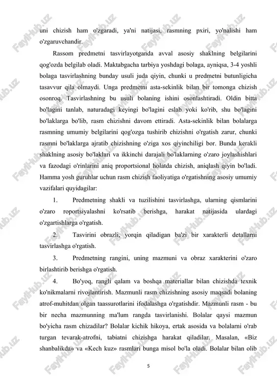 maliy san'atining turlarini, usullarini farqlashga va ularning alohida elementlaridan bolalarning o'z ijodida foydalanishga o'rgatish. qalam va mo'yqalam bilan chizishning texnik ko'nikmalarini mustahkamlash. bolalarni dekorativ rasm chizishga o'rgatishda tarbiyachi ularda naqsh komponentlarining o'zaro bog'liqligini, rangini, kompozitsiyasini shakl elementini ko'rishga o'rgatadi. dekorativ rasm chizishda rang qobiliyatining rivojlanishi asosiy masala bo'lib hisoblanadi. bir yoshdan uch yoshgacha bo'lgan bolalar guruhida rasm chizish malakasining hosil bo'lishi va rivojlanishi. maktabgacha tarbiya muassasalarida rasm chizishga o'rgatish 2 yoshdan boshlanadi. bu davr bolalarni- tasviriy faoliyatga tayyorlash davri hisoblanadi. bu davrda bolalar qalamni ushlash va qog'oz ustida yuritishga o'rganadi. lekin bu jarayonda rivojlanmaydi, bola qalamni to'g'ri ushlashni bilmaydi, tarbiyachi asta-sekin uni qalamni to'g'ri ushlashga odatlantiradi, bunda bolani bajarayotganligi emas, balki qalamning harakati, uning uchi bilan qog'oz betiga taqillatishi qiziqtiradi. qalam bilan to'g'ri turli xil shtrixlar, nuqtalar chizadi, qog'oz betida turli harakatlar qiladi, keyin sodda chiziqlar asta-sekin murakkablashadi. bu vaqtda bola qog'oz ustiga tushirilgan turli xil izlarni ko'rib, xursand bo'ladi. …