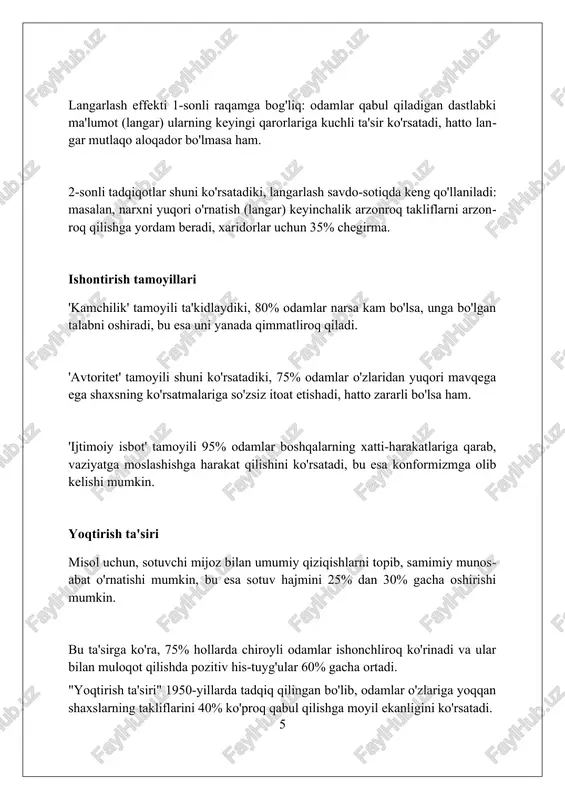 da muhim rol o'ynaydi. foydalanilgan adabiyotlar 1. cialdini, r. b. (2006). ta'sir: ishontirish psixologiyasi. harpercollins. 2. kahneman, d. (2011). o'ylang, tez va sekin. farrar, straus va giroux. 3. ariely, d. (2008) 2