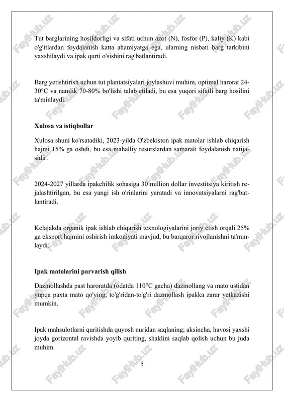 atini oshiradi va ishlab chiqarishni tezlashtiradi. ipak matolarning zichligi, og'irligi va to'qilishi turli xil bo'lishi mumkin, masalan, shifon (8 momme) kabi yengil materiallardan tortib, brokar (40 momme dan yuqori) kabi og'ir matolargacha. xulosa tabiiy ipak matolar ishlab chiqarish yuqori sifatli, ekologik toza va qulay mahsulot yaratish imkonini beradi, shu bilan birga mahalliy iqtisodiyotni rivojlantiradi. foydalanilgan adabiyotlar 1. tabiiy ipak matolar ishlab chiqarish texnologiyasi. toshkent: "o'zbekiston", 2020. 2. ipakchilik asoslari. qishloq xo'jaligi universiteti nashriyoti, 2015. 3. to'qimachilik materialshunosligi. a.a. xamidov. toshkent, 2018. 4. ipak matolarni bo'yash va pardozlash. farg'ona politexnika instituti, 2010. 5. o'zbekistonda ipakchilikni rivojlantirish istiqbollari 2