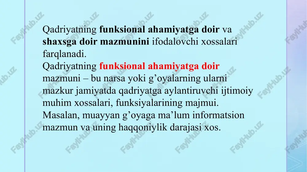 pirik tabiati bilan ayniylashtirish mumkin emas. aytaylik, rang o’zi tegishli bo’lgan predmetlardan qat‘iy nazar mavjud bo’lishi mumkin bo’lganidek, qadriyatlar ham (go’zallik, ezgulik, fojeaviylik) o’zlari tavsiflovchi narsalardan qat‘iy nazar idrok etilishi mumkin. 3. aksiologik transsendentalizm (vilgelm vindelband, genrix rikkert) qadriyatlarni ob‘ektiv borliq sifatida emas, inson ehtiyojlari va mayllariga bog’liq bo’lmagan ideal borliq sifatida tushunadi. bunday qadriyatlar qatoriga mustaqil mazmun kasb etadigan va ideal me’yorlar tarzida mavjud bo’lgan qadriyatlar – haqiqat, yaxshilik, adolat, go’zallik kiradi. shunday qilib, mazkur konsepsiyada qadriyat borliq emas, balki manbai muayyan transsendental, ya‘ni g’ayrioddiy ong sanalgan idealdir. 4. madaniy-tarixiy relyativizm. aksiologiyaning bu yo’nalishi asoschisi vilgelm diltey bo’lgan. uning ta‘limoti zamirida aksiologik plyuralizm g’oyasi yotadi. aksiologik plyuralizm deganda deltey tarixiy metod yordamida farqlanuvchi va tahlil qilinuvchi teng huquqli qadriyatlar tizimlarining ko’p sonliligini tushungan. mohiyat e‘tibori bilan bu yondashuv real madaniy-tarixiy kontekstni mavhumlashtirib, qadriyatlarning birdan-bir to’g’ri, mutlaq konsepsiyasini yaratish yo’lidagi urinishlarni tanqid tig’i ostiga olgan. 5. qadriyatlarning sotsiologik konsepsiyasi. bu …