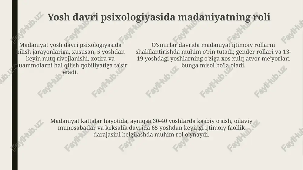 50 yoshlarda namoyon bo'ladi, hayot mazmunini qayta ko'rib chiqish va o'zgarishlarga intilish bilan xarakterlanadi, natijada motivatsiya pasayishi mumkin. yosh davri psixologiyasining asosiy tushunchalari yosh davri psixologiyasi ontogenezni, ya'ni individual rivojlanishni o'rganadi. bunda asosiy tushuncha - bu rivojlanishning davrlashuvidir, masalan, eriksonning 8 bosqichli psixososial nazariyasi. yetakchi faoliyat tushunchasi yosh davrida muhim ahamiyatga ega. misol uchun, 3-7 yoshdagi bolalar uchun o'yin asosiy faoliyat bo'lib, ularning rivojlanishiga ta'sir qiladi. rivojlanishning kritik davrlari tushunchasi juda muhim. masalan, til o'rganish uchun 1-3 yosh muhim davr hisoblanadi, bu vaqtda sezuvchanlik yuqori bo'ladi. kirish: yosh davri psixologiyasiga umumiy nuqtai yosh davri psixologiyasi rivojlanish bosqichlarini o'rganadi, jumladan, prenatal davrdan to keksalikgacha, har bir bosqichning o'ziga xos xususiyatlarini tahlil qiladi. erik eriksonning psixoijtimoiy rivojlanish nazariyasi 8 ta bosqichdan iborat bo'lib, har biri inqiroz va uning yechimi bilan bog'liq psixologik o'zgarishlarni yoritadi. j. piagetning kognitiv rivojlanish nazariyasiga ko'ra, bolalar 4 bosqichda fikrlash qobiliyatini o'zgartiradilar: sensorimotor, preoperatsion, konkret operatsiyalar va formal …