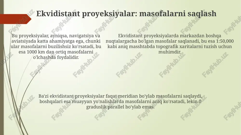 ib, ular 0 gradus greenwich meridianidan boshlab gradus, minut va sekundlarda joylashishni aniqlaydi. geografik tarmoq kartadagi meridianlar va parallellarning tizimi bo‘lib, ular 0 gradus greenwich meridianidan boshlab gradus, minut va sekundlarda joylashishni aniqlaydi. konform proyeksiyalar: burchaklarni saqlash bu proyeksiyalarda meridianlar va parallellar oʻzaro perpendikulyar kesishadi, bu esa kartadagi har qanday nuqtada yoʻnalishlarni aniq oʻlchash imkonini beradi. konform proyeksiyalar navigatsiya uchun juda muhim, chunki ular loxodrom chiziqlarini (doimiy burchak ostida kesishuvchi yoʻnalishlar) toʻgʻri tasvirlaydi. konform proyeksiyalar 1:1 masshtabdagi kichik shakllarni saqlaydi, yaʼni 90 graduslik burchaklar mahalliy darajada buzilmaydi, global miqyosda esa shakllar oʻzgarishi mumkin. silindrik proyeksiyalar: xususiyatlari va qo'llanilishi silindrik proyeksiyalarda meridianlar va parallellar to'g'ri chiziqlar bo'lib, meridianlar bir xilda joylashgan, parallellar esa ekvatorga nisbatan masofa bilan belgilanadi. bu proyeksiyalar dengiz navigatsiyasi uchun ideal, chunki loksodrom (doimiy yo'nalishli chiziq) to'g'ri chiziq sifatida aks etadi, bu esa kursni osongina chizish imkonini beradi. ekvator atrofidagi maydonlar shakli va maydoni deyarli buzilmaydi, lekin qutblarga …