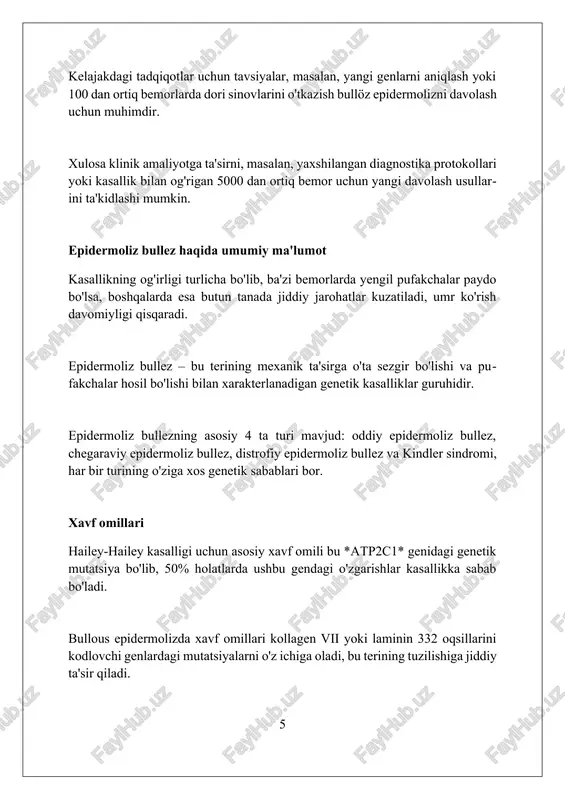 ullyoz epidermoliz va heyli-heyli kasalligi bemorlar uchun qiyin kechishi mumkin, lekin adekvat davolash va parvarish bilan ularning ahvolini yaxshilash mumkin. foydalanilgan adabiyotlar 1. fine, j.d., et al. "epidermoliz bullez: tasnifi, diagnostik mezonlari va boshqaruv bo'yicha tavsiyalar." j am acad dermatol 70.6 (2014): 1103-1117. 2. has, c., et al. "epidermoliz bullezning xalqaro tasnifi: 2020 yil yangilanishi." j am acad dermatol 83.2 (2020): 370-377 2