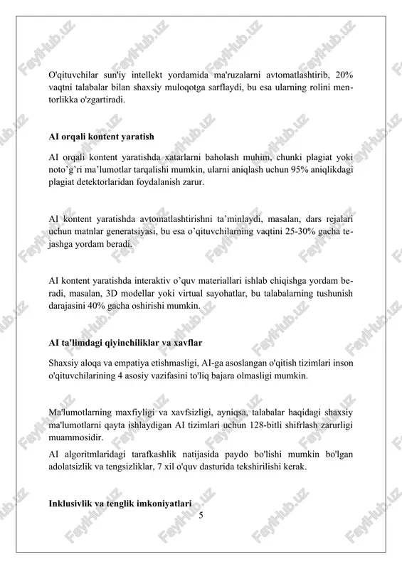 imda sun’iy intellektning ta’siri. ta’lim texnologiyalari jurnali, 20(2), 45-62. 2. holmes, w., bialik, m., fadel, c. (2019). ta’limda sun’iy intellektga asoslangan: o’qituvchilar va talabalar uchun qo’llanma. boston, ma: muqobil kelajak markazi. 3 2