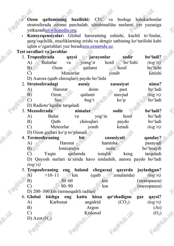 riflanadiuz.wikipedia.org. inson faoliyati natijasida atmosferaga chiqadigan boshqa ifloslantiruvchi moddalar ham mavjud. energiya ishlab chiqarishda va transportda ishlatiladigan yoqilg‘ilardan oltingugurt dioksidi (so₂) va azot oksidlari (noₓ) chiqib, kislotali yomg‘ir va havo ifloslanishiga sabab bo‘ladiuz.wikipedia.org. ayniqsa xlorflorokarbonlar (cfc) stratosferaga ko‘tarilib, ozon qatlamini buzadiuz.wikipedia.org. ozon qatlami zaiflashganda ultrabinafsha nurlar to‘g‘ridan-to‘g‘ri yerga yetib borishi ortadi, bu esa teri saratoni, ko‘z kasalliklari va o‘simliklarning zarar ko‘rishiga olib keladiuz.wikipedia.org. umuman olganda, inson ta’siri atmosferadagi issiqxona gazlari miqdorini oshirishi bilan yerning iqlimi isishiga sabab bo‘lmoqda. bu yer yuzasida muzliklarning erishi, dengiz sathining ko‘tarilishi, qurg‘oqchilik va kuchli to‘fonlar kabi ekstremal ob-havo hodisalarining ko‘payishiga olib keladiuza.uznamdu.uz. shu sababli bugungi kunda jahon hamjamiyati karbonat angidrid va boshqa issiqxona gazlarini kamaytirishga, ozon qatlamini muhofaza qilishga va atmosfura ifloslanishini kamaytirishga qaratilgan chora-tadbirlarni ko‘rmoqda. · issiqxona gazlari (co₂, ch₄, n₂o va boshqalar): ularning atmosferaga chiqarilishi yer yuzasini isib ketishiga olib keladi (issiqqhona effekti)namdu.uzuza.uz. · emissiya manbalari: qazilma yoqilg‘i yoqish, sanoat, transport va qishloq …