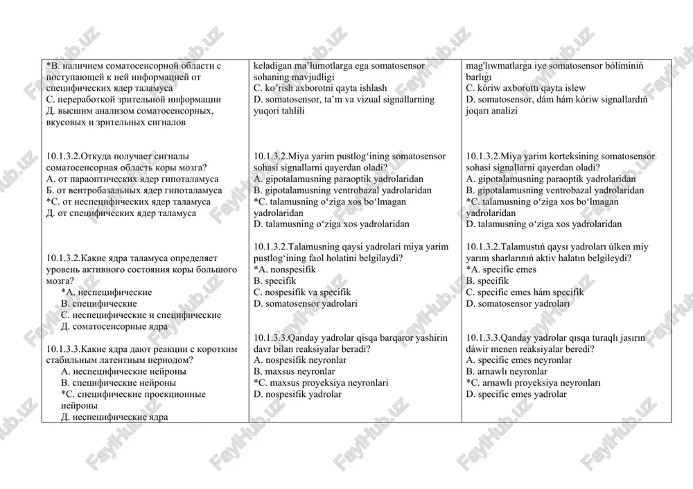 lizatsionizme d. shirokom lokalizatsionizme 10.1.7.2.chto obespechivaet dominirovanie levogo polushariya u cheloveka? a. funktsiyu rechi v. kontrol deystviya pravoy̆ ruki s. verbalnoe i logicheskoe mish​lenie *d. vse otveti verni 10.1.7.3.kak spetsializirovano pravoe polusharie golovnogo mozga? a. dlya vospriyatiya formi b. dlya vospriyatiya prostranstva v. v intuitivnom mishlenii * d. vse otveti verni 10.1.7.4.v chyom proyavlyaetsya dominirovanie pravogo polushariya u cheloveka? *a. v konkretnix vidax deyatelnosti, v sposobnosti tonko chuvstvovat i perejivat v. vo vzaimodeystvii dlya dostijeniya poleznix dlya organizma prisposobitelnix rezultatov s. v dostijenii konechnogo poleznogo dlya organizma rezultata d. v psixologicheskix svoystvax lichnosti k. v. sudakov normalnaya fiziologiya «geotar media» 2015god str-144 10.2.1. iz chego sostoyat bazalnie ganglii? 10.2.1.1.iz chego sostoyat bazalnie ganglii golovnogo mozga? *a. polosatoe telo, bledniy shar, ograda v. skorlupa, gippokamp, pallidum s. xvostatoe yadro, krasnoe yadro, chyornoe veshestvo d. neostriatum, talamus, mindalina 10.2.1.2.chto vxodit v polosatoe telo bazalnix gangliev? a. zritelnoe yadro, skorlupa, bledniy shar i …