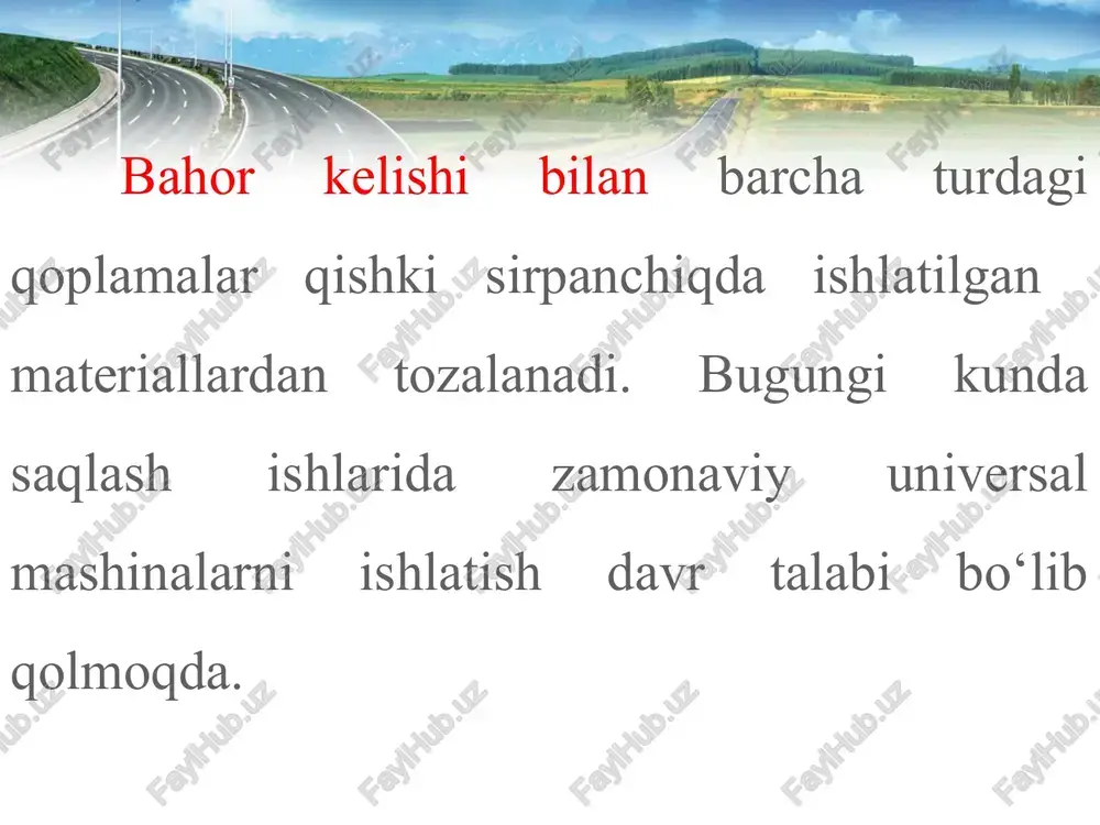 vishda ishchi holatda saqlash, yomg‘ir kanalizatsiyasi, drenaj qurilmalari, ko‘prik va quvurlarning suv kirish-chiqish o‘zanlari, suv o‘tkazgichlarning mayda nosozliklarini bartaraf etish; ko‘tarmalarning nishabliklaridagi nosozlik-larini tuzatish, tekislash va boshqalar. avtomobil yo‘llari ko‘kalamzorlashtirish avtomobil yo‘llari va yo‘l inshootlarini ko‘kalamzorlashtirish vazifasi avtomobil yo‘llarini qor va qum ko‘chkilaridan yoki eroziyadan doimiy ximoya qilishni ta’minlashdan, avtomobil yo‘llari va yo‘l inshootlarining ma’muriy-badiiy bezagini barpo etishdan iboratdir. avtomobil yo‘llari va yo‘l inshootlarini ko‘kalamzorlashtirishga quyidagi ishlar kiradi: -ko‘chatxona va daraxtzorlar uchun tuproqni tayyorlash, ko‘chatlar yetishtirish va ko‘chatlarni transportda tashish; -avtomobil yo‘llarini qum va qor ko‘chkilaridan ximoya qilish uchun o‘rmon tasmalarini barpo etish, eroziyaga qarshi va manzarali daraxtlarni ekish; -daraxtlarni parvarish qilish, daraxtlarni kesish-kallaklash, quruq daraxtlarni yig‘ishtirib olish, daraxtlarni yong‘indan himoya qilish, o‘simlik zararkunandalari va kasalliklariga qarshi kurashish; -urug‘lik sepish va gul ekish, ajratilgan mintaqaga va ajratish tasmasiga o‘t ekish. avtomobil yo‘llari mintaqasini ko‘kalamzorlashtirish asosan ikki turga bo‘linadi, himoyalovchi va manzarali ko‘kalamzorlashtirishdan iborat. yo‘l poyini qordan himoyalash issiq shamoldan yo‘llarni …