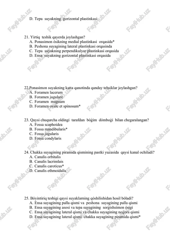 haning markaziy qismida qanday egat ótadi? a. sulcus lacrimalis b. sulcus orbitalis c. sulcus prechiasmaticus* d. sulcus sinus sagittalis 44.bosh miya qattiq pardasining qaysi ósigi turk egarining diafragmasin hosil qiladi? a. perpendikulyar b. gorizontal* c. yóqori d. pastki 45. ponasimon suyakning kichik qanotinda joylashgan kanaldi kórsating? a. canalis orbitalis b. canalis opticus* c. canalis lacrimalis d. canalis olfactoria 46.ponasimon suyakning katta va kichik qanotinda qanday anatomik hosila joylashgan? a. fissura orbitalis superior* b. fissura orbitalis inferior c. fissura orbitalis medius d. fissure orbitalis anterior 47.bosh skeleti orqa chuqurchani qaysi suyaklar hosil qiladi? a. ensa suyagi,chakka suyagining piramida qismi orqa yuzasi,ponasimon suyak tanasining turk egari orqa qismi* b. peshona suyagining palla qismi ,chakka suyagining piramida qismi oldingi yuzasi,ponasimon suyak tanasining turk egari dómboǵi c. tepa suyagi lateral qismi,chakka suyagining noǵora qismi orqa yuzasi,ponasimon suyak tanasining turk egari orqa qismi d. peshona suyagi,chakka suyagining sórǵish ósigi ,ponasimon suyak tanasining turk egari orqa …