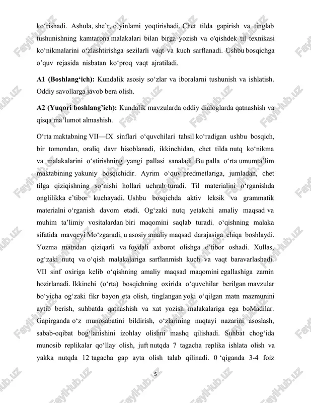 nsurlar yordamida fahmlab olish, notanish so‘z miqdori yuqoridagidan ko‘proq uchraganda, lug‘at bilan o‘qib tushunishga erishadilar. viii sinfda hamma aktiv grammatik hodisalar deyarli o‘rganib bo‘linadi. awal leksik tarzda (tipovoy jumla maqomida) o‘rganilgan grammatik birliklar ham endi, misol yetarli bo‘lsa, umumlashtiriladi. og‘zaki ilgarilash bir mashg‘ulot ichki chegarasida davom etadi. 0 ‘qishda notanish so‘zlarga duch kelish sababli ingliz va fransuz tillarini o‘rganuvchilar transkripsiya bilan to‘liq tanishadilar. viii sinfda ikki tillik lug‘at ishlatish boshlanadi va lug‘at bilan mustaqil ishlashga kirishadilar. o‘rta bosqich tugashida uch daqiqagacha davom etadigan muallim/diktor nutqini tinglab tushunish va darsda hamda chet til xonasida mustaqil eshitish tavsiya qilinadi. o‘qishning salmog‘i oshib borishi matn hajmining kattalashishi, o‘qishning umumiy ko‘lami kengayishi, asosan, uyda ovoz chiqarmay o‘qish (sinfda tekshirish) kabilarda namoyon bo‘ladi. tanishuv o‘qish shakllantiriladi. bosqich yakunida tahlil unsurlari bilan mutolaa boshlanadi. bu davrda uyda o‘qib yozma taijima qilish o‘rgatiladi va sinfda tekshiriladi. yozuv bo‘yicha kichik-kichik insholar mashq qilinadi, sinfda muhokama qilinib, uyda yoziladi. …