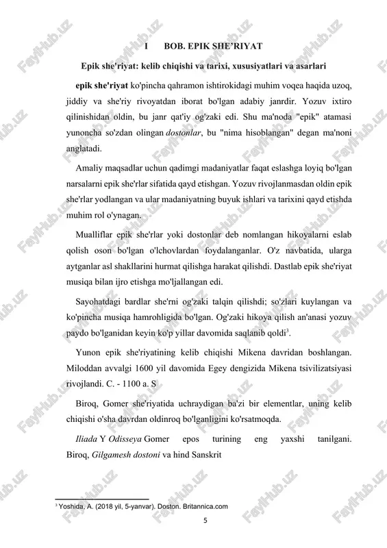 i. tantanali bayon qilish uslubi epik she'r ataylab kundalik tildan ajralib chiqadi. taqdim etilgan narsa inson harakatlarining ulug'vorligi bo'lgani uchun, uslub tantanali va bombardimondir. epik she'riyatning afsonalar bilan aloqasi epik she'riyat ko'plab madaniyatlarda mifologik an'analarni rasmiy ravishda hujjatlashtirish uchun ishlatilgan. eddadagi norse mifologiyasi, nibelungenlieddagi german mifologiyasi va yaqinda fin mifologiyasida shunday holat mavjud. kalevala gol urgan elias lyonrot. epos va mifologiya bir nechta xususiyatlarga ega. ikkalasida ham qahramonlar va qahramonlik harakatlari haqida rivoyatlar mavjud; qahramonlar birinchi holatda haqiqiy hayotdan, ikkinchisida afsonaviydir. ikkala dostonda ham, afsonada ham o'lchov sifatida oltitalik bor. shuningdek, ular janglar, nutqlar, musalarning chaqiriqlari va xudolarning maslahatlari kabi keng tarqalgan epik xususiyatlarni o'z ichiga olishi mumkin[footnoteref:5]. [5: poets.org (2014 yil, 21-fevral). doston: she'riy shakl. poet.org.org] ajoyib asarlar gilgamesh dostoni gilgamesh dostoni bu eposning birinchi namunasi hisoblanadi. ushbu ossuriya-bobil epik she'riyatida ossuriya shohi gilgamesh va uning boqiylikka intilishdagi sarguzashtlari haqida hikoya qilinadi. mahabxarata ushbu ulkan hind she'riyatining tarkibida bir …