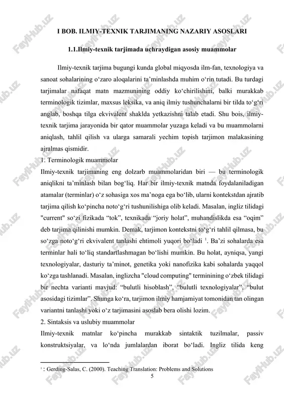 sh, ayniqsa, texnik qo‘llanmalar yoki qurilma tavsiflarida noto‘g‘ri ishlatish xavfini tug‘diradi. 4. noaniq yoki qisqacha berilgan ma’lumotlar ko‘plab ilmiy-texnik matnlarda ba’zi axborotlar qisqartma, formulalar yoki diagrammalar ko‘rinishida beriladi. tarjimon ushbu qisqartmalarni to‘liq tushunmasdan tarjima qilsa, butun matn ma’nosiga zarar yetkazishi mumkin. masalan, “ai-based nlp systems for sts tasks...” kabi iborada ai — artificial intelligence, nlp — natural language processing, sts — semantic textual similarity degan ma’noni anglatadi. agar tarjimon ushbu qisqartmalarni to‘g‘ri ochmasa yoki ularning kontekstdagi rolini anglamasa, matn mantiqsiz va tushunarsiz bo‘lib qoladi. [footnoteref:4]shuningdek, ba’zan matnlar muallif tomonidan juda qisqacha ifodalangan bo‘lib, tarjimonda qo‘shimcha tahlil, izlanish talab qilinadi. bu esa tarjimonga qo‘shimcha intellektual yuklaydi/ [4: : byrne, j. (2006). technical translation: usability strategies for translating technical documents. dordrecht: springer. ] 5. texnik vositalardan foydalanishdagi muammolar zamonaviy tarjimon ko‘plab avtomatlashtirilgan vositalar — cat (computer-assisted translation) tizimlari, tarjima xotirasi (tm), korpuslar, va terminologik bazalardan foydalanadi. ammo bu vositalarning noto‘g‘ri ishlatilishi, yangilanishlardagi …