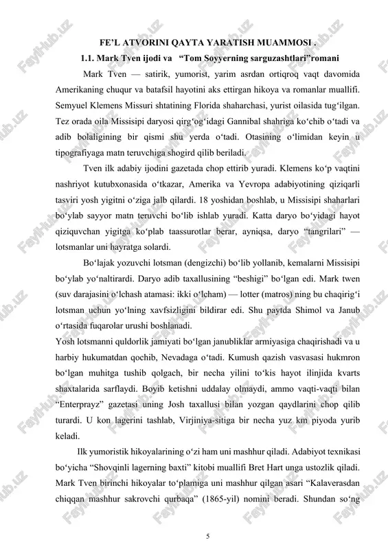 miyasiga chaqirishadi va u harbiy hukumatdan qochib, nevadaga oʻtadi. kumush qazish vasvasasi hukmron boʻlgan muhitga tushib qolgach, bir necha yilini toʻkis hayot ilinjida kvarts shaxtalarida sarflaydi. boyib ketishni uddalay olmaydi, ammo vaqti-vaqti bilan “enterprayz” gazetasi uning josh taxallusi bilan yozgan qaydlarini chop qilib turardi. u kon lagerini tashlab, virjiniya-sitiga bir necha yuz km piyoda yurib keladi. ilk yumoristik hikoyalarining oʻzi ham uni mashhur qiladi. adabiyot texnikasi boʻyicha “shovqinli lagerning baxti” kitobi muallifi bret hart unga ustozlik qiladi. mark tven birinchi hikoyalar toʻplamiga uni mashhur qilgan asari “kalaverasdan chiqqan mashhur sakrovchi qurbaqa” (1865-yil) nomini beradi. shundan soʻng sayohatlar haqidagi “chet eldagi soddadil kishilar” (1869-yil) kitobida yevropa va falastin sayohati taassurotlarini yoritadi. har ikki kitob yosh yozuvchining ulkan yutugʻiga aylanadi. amerika adabiyotiga xalq hajviyotining donoligi va insonparvarligiga asoslangan yorqin yumor kirib keldi. “chet eldagi soddadil kishilar” amerikaliklar milliy tafakkurini shakllantirishda muhim rol oʻynadi. amerika hikoyanavisligidagi jiddiy ohangni mark tven shodon bayon uslubiga …