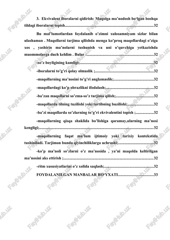 n) – asosiy obraz, “bosh” (tête) – tashbeh uchun ishlatilgan, “sasiydi” (pourrit) – simvolik ma’no bildiradi. • fransuzcha tarjima: le poisson pourrit par la tête. • izoh: bu maqolda “sasiydi” so‘zi ko‘chma ma’noda ishlatilgan bo‘lib, “rahbar yomon bo‘lsa, butun tizim buziladi” degan fikrni bildiradi. ikkala tilda ham bu tushuncha bir xil. o‘zbekcha maqol: yig‘lamagan bolaga emchak yo‘q. • leksik tahlil: “yig‘lamagan” (-magan qo‘shimchasi orqali inkor qilinmoqda), “bola” (enfant), “emchak” (lait maternel), “yo‘q” (ne… pas – fransuz tilida ikki qismli inkor). • fransuzcha tarjima: qui ne pleure pas, n’a pas de lait. • izoh: o‘zbekcha maqolda bola tasviri orqali umumiy hayotiy qoidaga ishora qilinadi, fransuz tilida esa so‘zlar bevosita mos tushadi. morfologik xususiyatlar va qo‘shimchalar o‘zbek va fransuz tillaridagi maqollarda qo‘shimchalar muhim o‘rin tutadi. o‘zbek tilida fe’llarga ega bo‘lish yoki inkor shakli yaratish uchun -gan, -magan, -dir kabi qo‘shimchalar qo‘llansa, fransuz tilida bu ma’nolar yordamchi fe’llar va inkor ifodalari yordamida beriladi. …