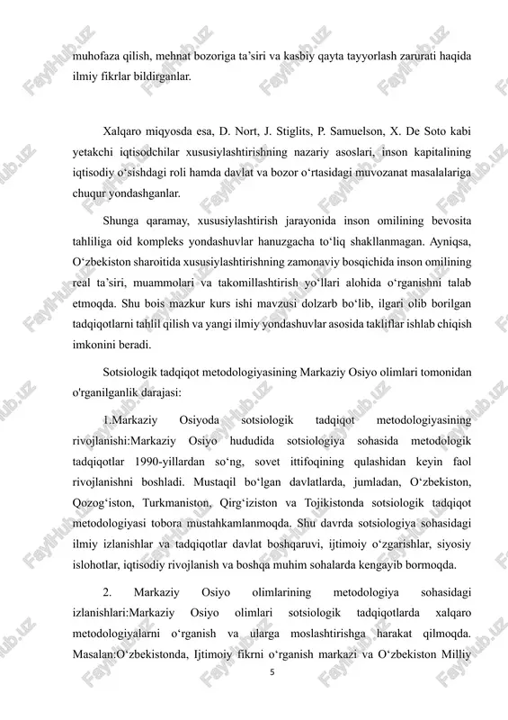 uruhlar, an'anaviy so‘rovlar va tadqiqot dizaynlari kabi metodologik yondashuvlar o‘rganilgan. shuningdek, gallup va pew research center kabi xalqaro tashkilotlar metodologiyasi o‘rganilib, o‘z davlatlarida qo‘llanilmoqda. qirg‘iziston va tojikistonda sotsiologik metodologiyalarning rivojlanishi ko‘pincha ijtimoiy o‘zgarishlarni va davlat siyosatini o‘rganishga qaratilgan. so‘rovlar, intervyular va ijtimoiy tahlillar orqali markaziy osiyolik olimlar jamiyatdagi muammolarni aniqlashga harakat qilmoqda. 3. sotsiologik tadqiqot metodologiyasi: asosiy yo‘nalishlar:markaziy osiyo olimlarining metodologiyalari ko‘pincha quyidagi yo‘nalishlar bo‘yicha rivojlanmoqda: empirik metodologiya: bu metodologiya orqali jamiyatning ijtimoiy, siyosiy va iqtisodiy holatini o‘rganish maqsadida anketalar, intervyular va so‘rovlar o‘tkaziladi. markaziy osiyo davlatlarida bu metodologiya keng qo‘llanilib, xalqning fikrlari to‘plangan. kvalifikatsion tahlil: jamiyatdagi individual va guruhlarning fikrlarini o‘rganishda sifatli tadqiqot usullari, masalan, fokus-guruhlar va intervyular qo‘llaniladi. bu metodologiya turli ijtimoiy qatlamlarning fikrlarini aniqlashga imkon beradi. kontent tahlili: axborot vositalari, siyosiy chiqishlar, ijtimoiy tarmoqlardagi materiallarni tahlil qilish orqali jamoatchilik fikri o‘rganiladi. sotsiologik tahlilning statistik metodlari: sotsiologik tadqiqotlarda statistika metodlarining qo‘llanishi, aholi so‘rovlarini tahlil qilish, xulosa chiqarish va …