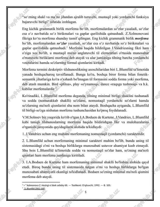 stemasidagi o'rni va boshqa birliklarga munosabati ustuvor ahamiyat kasb etmaydi. shu bois l.blumfild ta'limotida sodda va nomustaqil so'zlar ham, so'zning ma'noli qismlari ham morfema jumlasiga kiritiladi. 3. i.a.boduen de kurtene ham morfemaning minimal shaklli bo'lishini alohida qayd etadi. biroq bunda uning til sistemasida tutgan o'rni va boshqa birliklarga bo'lgan munosabati ahamiyatli ekanligi ta'kidlanadi. boduen so'zning minimal ma'noli qismini morfema deb ataydi. bizningcha, morfemaning lingvistik tabiati haqida yuqorida bildirilgan l.blumfildning mulohazalari keng qamrovli bo'lib, u haqiqatga yaqindir. hajman minimal sodda so'zlar ham, nomustaqil so'zlar ham qayta parchalanmasligi va muayyan ma'no ifodasini berishiga ko'ra morfemaning ta'rifiga mos keladi. i.a.boduende kurtene mulohazalarida esa morfemaning, asosan bir turi - so'z bilan bog'liq bo'lgan, uning ma'noli qismini tashkil etuvchi minimal birliklar haqida so'z yuritiladi. j.vandries ham morfemani nisbatan tor ma'noda tushunadi. shu bois u yordamchi so'zlar, so'zning formal qismlarini, urg'u va intonatsiya haqida fikr bildiradi. so'zning o'zak qismini morfema sanamaydi. v.m.solntsev l.blumfild nazariyasida sodda so'zlarning …