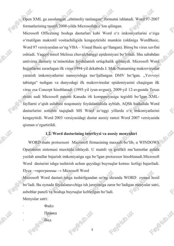 kur menyular hujjatlar tayyorlashda muxim ahamiyatga ega. ish jarayonida boshqa biror asboblar paneliga extiyoj tugiladigan boʻlsa, menyular satrining vid menyusidan foydalanib qoʻyishimiz mumkin. bundan tashqari quyidagi " standart” va "formatlash” asboblar panelidan foydalanishimiz mumkin. bunda oʻzimizga kerakli boʻlgan buyruqni sichqoncha yordamida tanlaymiz. "standart” asboblar paneli erdamida yangi hujjatni hosil qilishimiz, hujjatni ochishimiz, xotiraga olishimiz, nashrga berishimiz, jadvallar chizishimiz va.x.k ishlarni bajarishimiz mumkin. 1. sozdat - yangi, ilgari mavjud boʻlmagan dokumentnin (faylni) yaratish. 2. otkrit - mavjud ilgari yaratilgan dokumentni (faylni) ochish. ushbu tugmani bosganimizdan keyin ekranda quyidagi oyna hosil qilinadi va shu oyna orqali biz kerakli faylnib topib, tanlaymiz. otkrit tugmasini bosamiz va natijada shu fayl ekranda ochiladi. bizga kerak boʻlgan fayl joylashgan papkani topish uchun biz chap tomondagi soxa yoki yuqoridagi ruyxatdan foydalanamiz. faylni qidirish jarayonida yuqorida joylashgan nazad - oldingi oyna koʻrinishiga qaytish, vverx - yuqoridaga papkaga chiqish, iskat v internete - internetda izlash, udalit - tanlangan fayl …