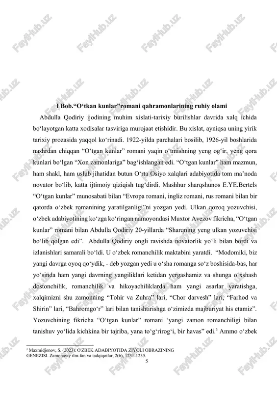 zimizda majburiyat his etamiz”. yozuvchining fikricha “o‘tgan kunlar” romani ‘yangi zamon romanchiligi bilan tanishuv yo‘lida kichkina bir tajriba, yana to‘g‘rirog‘i, bir havas” edi.[footnoteref:3] ammo o‘zbek adabiyotida to‘ng‘ich roman bo‘lgan- “o‘tgan kunlar” bir milliy adabiyotda hozirgi zamon ma’nosidagi yetuk adabiyotimizning g‘alabasigina bo‘lib qolmay, butun o‘zbek mumtoz adabiyotidan abadiy o‘rin oldi. “o‘tgan kunlar” da o‘zbeklar va boshqa o‘rta osiyo xalqlari hayotining xix asr birinchi yarmidagi manzarasi yoritilgan. feodallik zulmi, hukmdorlarning xalqlar va qabilalar orasiga nizo solishi, ularni bir-biriga tezlashi, buning fojiali oqibatlari, bu fojiani ko‘rib, mamlakatni manfaatparast xonlar va beklar beboshligidan xalos qilishni orzu etgan ilg‘or kishilarning boshiga tushgan kulfatlar “o‘tgan kunlar” ning mazmunini tashkil etadi. davr uchun juda xarakterli va ijtimoiy taraqqiyotga bevosita aloqador voqealar abdulla qodiriy tomonidan san’atkorona tasvirlab bergani uchun “o‘tgan kunlar” o‘zbek xalqi va o‘rta osiyo xalqlari adabiyotida yangi davr ochdi. o‘tmish xodisalariga asar yaratilgan zamonning ilg‘or mafkurasi nuqtai nazaridan baho berishga intilish qodiriy ijodiyotidagi tub burilishlaridagi alomatlaridan …