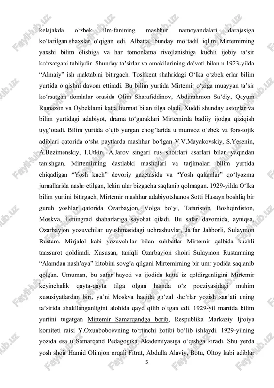 ng “alamdan nashʼaya” kitobini sovgʼa qilgani mirtemirning bir umr yodida saqlanib qolgan. umuman, bu safar hayoti va ijodida katta iz qoldirganligini mirtemir keyinchalik qayta-qayta tilga olgan hamda o‘z poeziyasidagi muhim xususiyatlardan biri, yaʼni moskva haqida go‘zal sheʼrlar yozish sanʼati uning taʼsirida shakllanganligini alohida qayd qilib o‘tgan edi. 1929-yil martida bilim yurtini tugatgan mirtemir samarqandga borib, respublika markaziy ijroiya komiteti raisi y.oxunboboevning to‘rtinchi kotibi bo‘lib ishlaydi. 1929-yilning yozida esa u samarqand pedagogika akademiyasiga o‘qishga kiradi. shu yerda yosh shoir hamid olimjon orqali fitrat, abdulla alaviy, botu, oltoy kabi adiblar bilan tanishadi. ularning maslahatlari va yordamlari bilan mirtemir 1931-yilda samarqand musiqali drama teatrining go‘zal aktrisasi halima rahimovaga uylanadi. ular 1932-yil 14-yanvar kuni klara degan qiz ko‘radilar. lekin bunday go‘zal va “baxtga to‘liq” hayot uzoq cho‘zilmaydi. botu va oltoy kabi mirtemir ham qosim boboev singari vulgar sotsiologizm botqogʼiga botgan tanqidchilar tomonidan “simvolist, idealist, mayda burjuaziyaning o‘zginasi”, deb qoralanadi. bunday soxta bo‘htonlar tez orada …