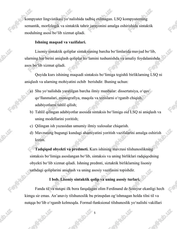 t ularning muayyan miqdordagi sxemalari mavjud. til nutqda voqealanganda qoliplardan cheksiz kombinatsiyasilarni hosil qiladi va iste’molga chiqaradi. b.mengliyevning “hozirgi o‘zbek tili” o‘quv darsligida keltirilishicha, lisoniy birlikning bir turi bo‘lmish qoliplar ikki xil bo‘lib: a) so‘z yasash qolipi; b) sintaktik (so‘z birikmasi va gap hosil qilish) qolipidir (40-bet) bizning tadqiqot obyektimiz sintaksis bo‘limi bo‘lganigi bois, so‘z birikmasi va gap hosil qilish qoliplari haqida so‘z yuritamiz. sintaksisning birliklarini aniqlab olish shu uchun muhimki, bu nutiy sintaktik birliklarni qaysi lsqga kiritish kerakligini ayonlashtiradi. a.nurmonov va b. tomonidan yozilgan “o‘zbek tilining mazmuniy sintaksisi” kitobida ma’lumot berilishicha, olimlar hozirgi kunga qadar sintaksisning birliklari qaysi ekanligi borasida bir to‘xtamga kelmaganlar. ba’zi tadqiqotdchilar sodda gap va qo‘shma gapni alohida-alohida sintaktik birliklar sifatida o‘rganishni maqul ko‘rsalar, yana ayrimlari ham qo‘shma, ham soda gapni so‘z birikmasiga qarama-qarshi qo‘ygan holda yagona gap sifatida o‘rganishni lozim topganlar. bizning fikrimizcha, na u va na bu tasnifga to‘la qo‘shilish mumkin emas. sintaksis faqat …
