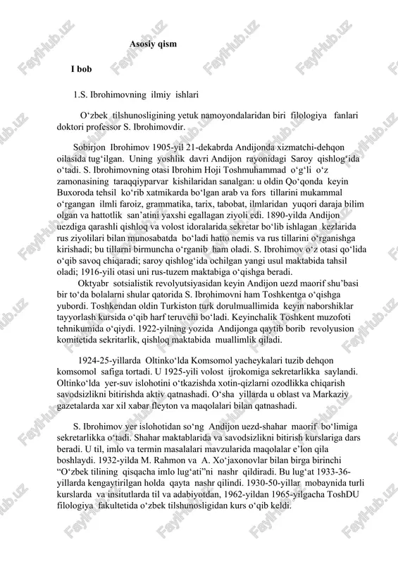 i. shahar maktablarida va savodsizlikni bitirish kurslariga dars beradi. u til, imlo va termin masalalari mavzularida maqolalar e’lon qila boshlaydi. 1932-yilda m. rahmon va a. xo‘jaxonovlar bilan birga birinchi “o‘zbek tilining qisqacha imlo lug‘ati”ni nashr qildiradi. bu lug‘at 1933-36-yillarda kengaytirilgan holda qayta nashr qilindi. 1930-50-yillar mobaynida turli kurslarda va insitutlarda til va adabiyotdan, 1962-yildan 1965-yilgacha toshdu filologiya fakultetida o‘zbek tilshunosligidan kurs o‘qib keldi. s. ibrohimov o‘zbek xalq tili boyligini to‘plashda alohida ahamiyat beradi. u ayniqsa, xalq orasida asralr bo‘yi davom etib kelgan qo‘l hunari sanoati va qishloq xo‘jaligiga oid turli-tuman kasb –hunar terminlari bilan qiziqadi. bu soha bilan bog‘liq bo‘lgan ishlab chiqarish jarayonlarining rivojini yillar davomida kuzatib boradi. tegishli termin va iboralarni to‘playdi. ularning lug ‘atlarini tuzadi, lingvistik tomondan tekshirib taraqqiyot qonuniyatlarini aniqlaydi. sobirjon ibrohimovning markaziy gazetalarda juda ko‘p maqolalari bosilib chiqqan. ulardan tashqari kitob tariqasida bosilgan ishlari 30dan ortadi, 30dan ortiq maqolasi jurnallarda bosilgan. “farg‘ona shevalarining kasb-hunar leksikasi” nomli …