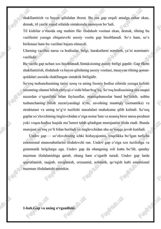 qurbonova m., yunusova z., abuzalova m. “hozirgi o‘zbek adabiy tili” (toshkent. 2009. – 416 b.)] 1.1gapning o‘zbek tilshunosligidagi tadqiqi: mustaqillik davri o‘zbek tilshunosligi taraqqiyotida alohida ahamiyat kasb etdi.bu davrga kelib o‘zbek tili sintaksisini sistemaviy o‘rganishga jiddiy e’tibor berildi.o‘zbek tili sintaksisining sistemaviy tadqiqi ikki yo‘nalishda olib borildi:formal semantik va formal funksional.har ikki yo‘nalish ham o‘zbek tilining ichki tuzilishini ob’ektiv o‘rganishda muayyan muvaffaqiyatlarga erishdi.a.nurmonovning “o‘zbek tilshunosligi tarixi” asarida quyidagilarni o‘qiymiz: “birinchi yo‘nalish bo‘yicha n.mahmudov va a.nurmonovlarning “o‘zbek tilining mazmuniy sintaksisi”(toshkent,1992), “o‘zbek tilining nazariy grammatikasi.sintaksis”(toshkent,1995), s.mahmatqulovning “o‘zbek tilining predikativ sintagma transformatsiya”(toshkent,1998) kabi asarlari, m.hakimovning matn pragmatikasi talqiniga bag‘ishlangan doktorlik dissertatsiyasi; ikkinchi yo‘nalish bo‘yicha r.sayfullayevaning qo‘shma gaplarning formal-funksional talqiniga doir qator tadqiqotlari, m.qurbonovaning “o‘zbek tilida formal-funksional yo‘nalish va sodda qurilishning talqini” mavzusidagi doktorlik dissertatsiyasi va boshqa bir qator nomzodlik dissertatsiyalari maydonga keldi. bu tadqiqotlar o‘zbek tilshunosligini yangi pog‘onaga olib chiqdi. har ikki yo‘nalish tarafdorlarining umumiy tomoni shundaki, ularning barchasi tilning sistemaviyligi tamoyiliga asoslanadi.har ikki …