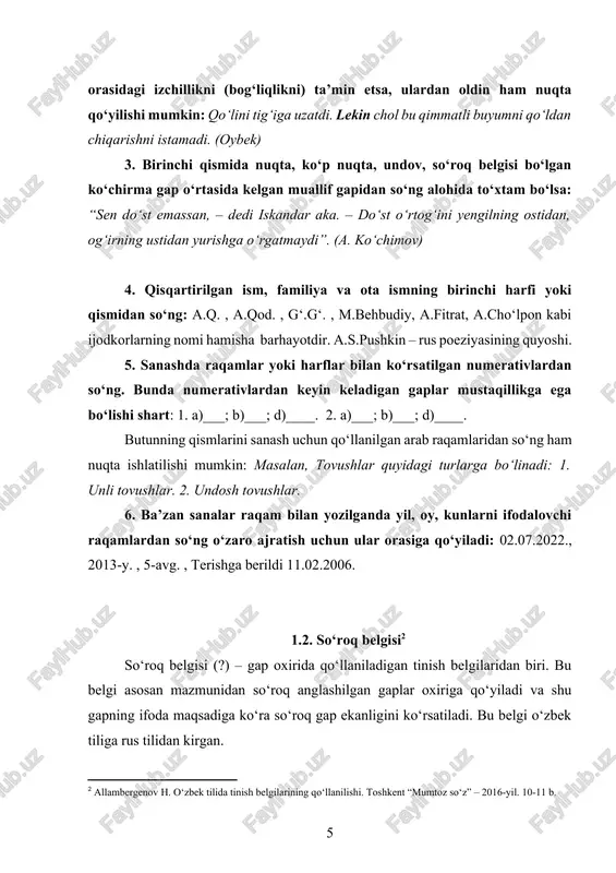 og‘aynilar yaxshi yurishibdimi? 1.3. nuqtali vergul[footnoteref:3] [3: allambergenov h. o‘zbek tilida tinish belgilarining qo‘llanilishi. toshkent “mumtoz so‘z” – 2016-yil. 24-26 b.] nuqtali vergul (;) – ustma-ust joylashgan nuqta va verguldan tashkil topgan, ikki unsurli tinish belgilaridan biri. o‘zbekcha matnlarda xix asr oxiridan, 1885-yildan boshlab uchraydi. u quyidagi o‘rinlarda ishlatiladi: 1. bog‘lovchisiz qo‘shma gaplar tarkibida: bog‘lovchisiz qo‘shma gap tarkibidagi sodda gaplar mazmun jihatdan tugal fikrni anglatib, bir-biriga yaqin bo‘lmagan voqea-hodisalarni ifodalanganda: hayhotday hovli fayzsiz; daraxtlar ostini o‘t-o‘lan bosgan, hovlining etak tomonida bir juft yirik-yirik qarg‘a loqayd kezib yurar edi. (o.otaxonov) bog‘lovchisiz qo‘shma gap tarkibidagi sodda gaplarning o‘z ichida verguli mavjud bo‘lsa: kampirning jig‘i biyroni chiqdi; ombordan olib chiqqan bir savat paxtasi bilan chig‘iriqni ko‘tarib, vaysaganicha, uyiga kirib ketdi. (a.qahhor) bog‘lovchisiz qo‘shma gap tarkibiga kirgan sodda gaplardagi voqealar bir-biriga qiyoslanganda: ish kuchini elga berma, yerga ber; jamg‘armani selga berma, elga ber! 2. uyushiq bo‘laklar guruhlanib, o‘zaro vergullar yordamida bir-biridan ajratilganda, har bir …