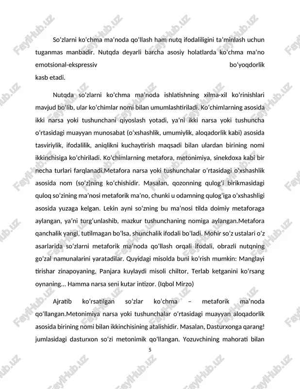 alay, ismini familiya qilib yuribman». (n. aminov) birinchi gapda to‘liq metanimiya hodisasidan foydalanilgan. ikkinchi gapda ham metanimiya hodisasi mavjud bo‘lib muzaffar o‘lka sifati bilan aslida xalq-millat sifatlabmoqda. uchinchi gapda ham metanimiya hodisasi bo‘lib navoiyni o‘qimay qoysa emas, navoiy asarlarini o‘qimay qoysa bo‘lishi kerak edi. to‘rtinchi gapdagi metaniya esa toshkentning sabri emas, balki toshkent xalqining sabrini deganidir aslida. keyingi gapda qurigan ko‘ksida yolg'oz belanchak emas chaqaloq ma'nosi anglashiladi. so‘nggi gapda esa sinekdoxa yani qism orqali butunni ifodalash holatini kuzatish mumkin. so‘z ma`nolarining ko‘chish usullari o‘zbek tilida so‘z ma`nolari to‘rt xil usul bilan ko‘chadi:1) metafora, 2)vazifadoshlik,3) metonimiya 4)sinekdoha, metafora gr. metaphora ”ko‘chirma” demakdir. so‘z ma`nolarining predmet, narsa, hodisalarning tashqi shakliy o‘hshashligi va ichki belgiga asoslanib ko‘chishiga metafora deyiladi. bu usul bilan nom ko‘chishi predmetlar, hodisalar orasidagi nisbiy o‘xshashlikka ko‘ra bo‘ladi va ularning shakli rangi, harakati ikkinchi shunday predmat belgisi bo‘lgan nomni oladi. metafora yo‘li bilan ma`no ko‘chishiga predmetlar uchun umumiy belgi tushunchada …
