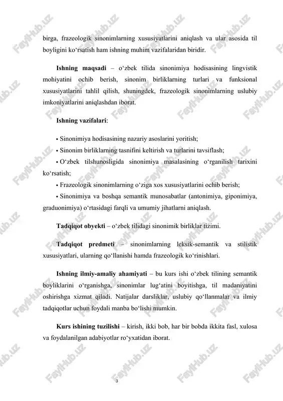 ,1974. – b.31.] sinonimlik hodisasi ham dastlab leksik sathda o‘rganilgan bo‘lsa-da, keyinchalik morfologik va sintaktik sinonimlar ham mavjudligi aniqlandi. barcha sathlardagi sinonimlarga quyidagi ta'rifni berish mumkin: “sinonimlar bir umumiy ma’no-mazmunga ega bo‘lgan, lekin emotsional-ekspressiv hamda funksional jihatdan farqlanuvchi til birliklaridir”.[footnoteref:9] [9: polvonova b. o‘zbek tili grammatikasi. – farg‘ona. “classik”, 2021. – b.28.] i bob sinonimiya hodisasining lingvistik mohiyati va nazariy asoslari tilshunoslik fanida sinonimiya hodisasi leksik-semantik munosabatlarning eng muhim turlaridan biri sifatida o‘rganiladi. sinonim so‘zlar tilning ifodaviy imkoniyatlarini boyitadi, uslubiy rang-baranglikni ta’minlaydi, fikrni aniq va ravshan ifodalashda muhim vosita bo‘lib xizmat qiladi. har bir tabiiy tilda, jumladan o‘zbek tilida ham sinonimik birliklar keng tarqalgan bo‘lib, ular lug‘aviy boylikning asosiy qatlamlaridan biridir. sinonimlarning mavjudligi til tizimining semantik moslashuvchanligini ko‘rsatadi. ular orqali biror voqelik yoki tushuncha turli uslubiy, konnotativ va kontekstual ranglarda ifodalanishi mumkin. shu bois sinonimiya hodisasining lingvistik mohiyatini ochib berish, uning turlari, tavsifiy belgilari va boshqa semantik munosabatlardan farqli jihatlarini …