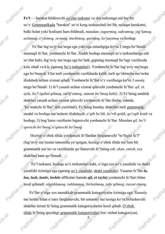 h uchun xizmat qiluvchi yordamchi feʼllar: qil, et, ayla, boʻl (qabul qilmoq, taklif etmoq, tamom boʻlmoq kabi); 2) feʼlning analitik shaklini yasash uchun xizmat qiluvchi yordamchi feʼllar (bular, odatda, "koʻmakchi feʼllar" deb yuritiladi). feʼlning bunday shakllari turli grammatik, modal va boshqa maʼnolarni ifodalaydi: oʻqib boʻldi, koʻrib qoldi, qoʻrqib ketdi va boshqa; 3) bogʻlama vazifasini bajaruvchi yordamchi feʼllar. masalan qil, boʻl: sportchi boʻlmoq, oʻqituvchi boʻlmoq. hozirgi oʻzbek tilida yordamchi feʼllardan farqlanuvchi "toʻliqsiz feʼl" (lugʻaviy maʼnosini tamomila yoʻqotgan, hozirgi oʻzbek tilida maʼlum bir grammatik maʼno va vazifalarda qoʻllanuvchi feʼl)ning edi, ekan, emish, esa shakllari ham qoʻllanadi. feʼl turkumi, boshqa soʻz turkumlari kabi, oʻziga xos soʻz yasalishi va shakl yasalishi tizimiga ega (qarang soʻz yasalishi, shakl yasalishi). yasama feʼllar la, lan, lash, lantir, lashtir affikslari hamda qil, et (ayla) yordamchi feʼllari bilan hosil qilinadi: olqishlamoq, ruhlanmoq, birlashmoq, jabr qilmoq, ruxsat etmoq. feʼllar oʻziga xos murakkab grammatik kategoriyalar tizimiga ega. xususiy maʼnolari bilan oʻzaro …