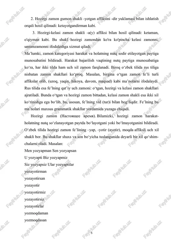 va hokazo; oxiri -et bilan tugaydigan yettita fe’l: videt, nenavidet, obidet, smotret, vertet, terpet, zaviset; oxiri -at bilan tugaydigan to‘rtta fe’l: dishat, derjat, slishat, gnat. qolgan barcha fe’llar birinchi tuslanish fe’llari hisoblanadi. ammo rus tilida xotet, est kabi fe’llar ham borki, ular ham birinchi, ham ikkinchi tuslanish qonun-qoidalari asosida aralash holda tuslanadi (mas., xoch-u, xoch-esh, xoch-et, xot-im, xot-ite, xot-yat; e-m, e-sh, es-t, ed-im, ed-ite, ed-yat). o‘tgan zamon (proshedshee vremya). qiyoslanayotgan ikki tilda mavjud bo‘lgan o‘tgan zamon fe’llari orasidagi asosiy farq shundan iboratki, o‘zbekcha fe’l ot bilan shaxs va sonda moslashsa, rus tilidagi bunday fe’l rod va sonda moslashadi. masalan: men keldim.– ya prishyol. sen kelding. – ti prishyol. u keldi. – on prishyol, ona prishla, ono (pismo) prishlo. ko‘plikdagi o‘tgan zamon fe’li rodlar bo‘yicha o‘zgar-maydi: devochki prishli, malchiki prishli, pisma prishli. ma’lumki, o‘zbek tilida o‘tgan zamon fe’lining besh xil ko‘rinishi bor: oldi, olgan (edi), olibdi, olardi, olmoqda edi, olayotgan edi. …