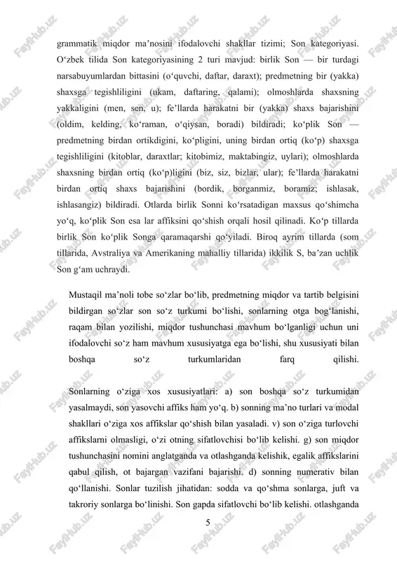 an uchlik son gʻam uchraydi. mustaqil ma’noli tobe so‘zlar bo‘lib, predmetning miqdor va tartib belgisini bildirgan so‘zlar son so‘z turkumi bo‘lishi, sonlarning otga bog‘lanishi, raqam bilan yozilishi, miqdor tushunchasi mavhum bo‘lganligi uchun uni ifodalovchi so‘z ham mavhum xususiyatga ega bo‘lishi, shu xususiyati bilan boshqa so‘z turkumlaridan farq qilishi. sonlarning o‘ziga xos xususiyatlari: a) son boshqa so‘z turkumidan yasalmaydi, son yasovchi affiks ham yo‘q. b) sonning ma’no turlari va modal shakllari o‘ziga xos affikslar qo‘shish bilan yasaladi. v) son o‘ziga turlovchi affikslarni olmasligi, o‘zi otning sifatlovchisi bo‘lib kelishi. g) son miqdor tushunchasini nomini anglatganda va otlashganda kelishik, egalik affikslarini qabul qilish, ot bajargan vazifani bajarishi. d) sonning numerativ bilan qo‘llanishi. sonlar tuzilish jihatidan: sodda va qo‘shma sonlarga, juft va takroriy sonlarga bo‘linishi. son gapda sifatlovchi bo‘lib kelishi. otlashganda va mavhum son tushunchasini, ifodalaganda to‘ldiruvchi, kesim, qaratuvchi, ega bo‘lishi. miqdor sonlar narsa miqdorini sanash yo‘li bilan aniqlashi, miqdor sonlar o‘zi ko‘plik ma’nosini …