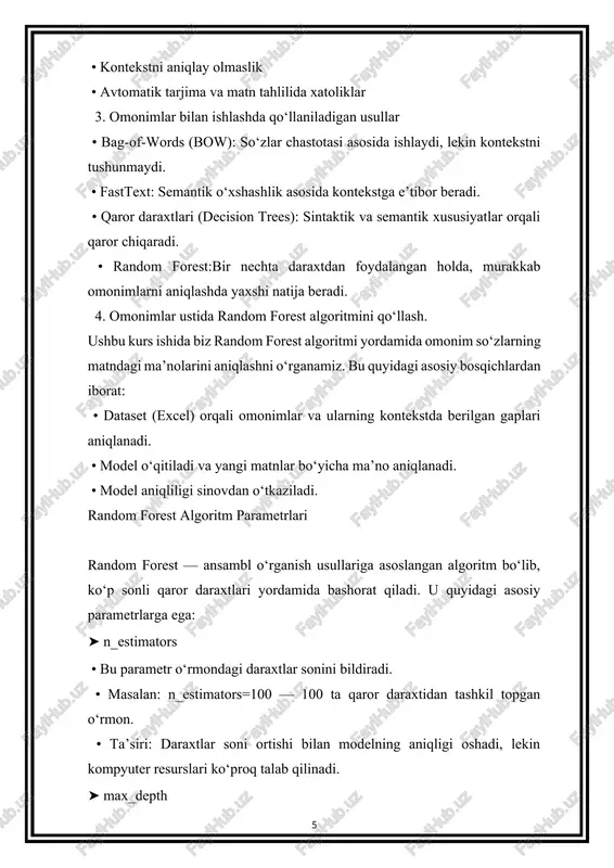 mizda virtual muhit borligiga ishonch hosil qilganimizdan so‘ng, yangi projectni ochamiz. v.psevdokod algorithm 1: procedure for computing aspect sentiment input: dataset d [omonim, gap, ma’no] input: exsel file f output: detectedmeaning 1 start; 2 d ← read_excel(f); 3 d_cleaned ← preprocess(d) // tozalash, stemming 4 x ← vectorize_text(d_cleaned['gap']) 5 y ← d_cleaned['ma’no'] 6 model ← train_random_forest(x, y) 7 display "gap kiriting:" 8 s ← get_input_from_user() // gapni foydalanuvchidan olish 9 s_cleaned ← preprocess(s) 11 12 if s_cleaned in d_cleaned['gap'] then 13 detectedmeaning ← model.predict(s_cleaned) 14 return detectedmeaning // → natijani qaytarish 15 else 16 detectedmeaning ← model.predict(s_cleaned) 17 if detectedmeaning is not empty then 18 append_to_excel(f, s, detectedmeaning) 19 return detectedmeaning // → natijani qaytarish 20 else 21 return "ma’no aniqlanmadi" // → default holat 22 end if 23 end if 24 end vi.blok-sxema matn bazaga qo’shilsin ma’no aniqlandi ma’lumotlarni tozalash fayldan foydalanish modelni o‘qitish gapni tozalash gapni kiriting exsel …