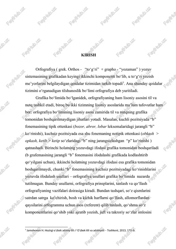 ing asosiy birligi orfogrammadir[footnoteref:7]. [7: jamolxonov h. hozirgi o‘zbek adabiy tili. – toshkent, 2013. 173-b.] orfogramma - so‘zlarning yoki so‘z tarkibidagi fonema va morfemalarning imlo qoidalariga muvofiq yozilgan adabiy – orfografik shakli. bunday shakllar (orfogrammalar) so‘zlarning yoki so‘z tarkibidagi fonema va morfemalarning til va nutqdagi ko‘rinishlaridan birini adabiy – orfografik me’yor qilib tanlanishiga asoslanadi. masalan, arpa, asal so‘zlarining yozma shaklida orfogramma yo‘q, chunki bu so‘zlarning yozilishini grafikaning o‘zi boshqaradi; maqsad so‘zining yozma shaklini me’yorlashtirishda esa ikki xil holatdan birini asos sifatida tanlash zarurati paydo bo‘ladi։ maqsad (fonematik prinsipga asoslangan shakl) – maqsat (fonetik prinsipga asoslangan shakl). hozirgi o‘zbek orfografiyasida birinchi holat ( fonematik prinsipga asoslangan shakl ) imlo uchun asos sifatida tanlangan , demak, bu so‘z tarkibidagi “d” orfogramma sanaladi, uni talaffuziga moslab “t” harfi bilan yozish imloviy xato hisoblanadi. bunday holatlar o‘zak va affiksal morfemalarning imlosida ham uchrab turadi. chunonchi, sifatdosh yasovchi “-gan” affiksi nutq oqimida “-gan”, “-kan”, “-qan” …