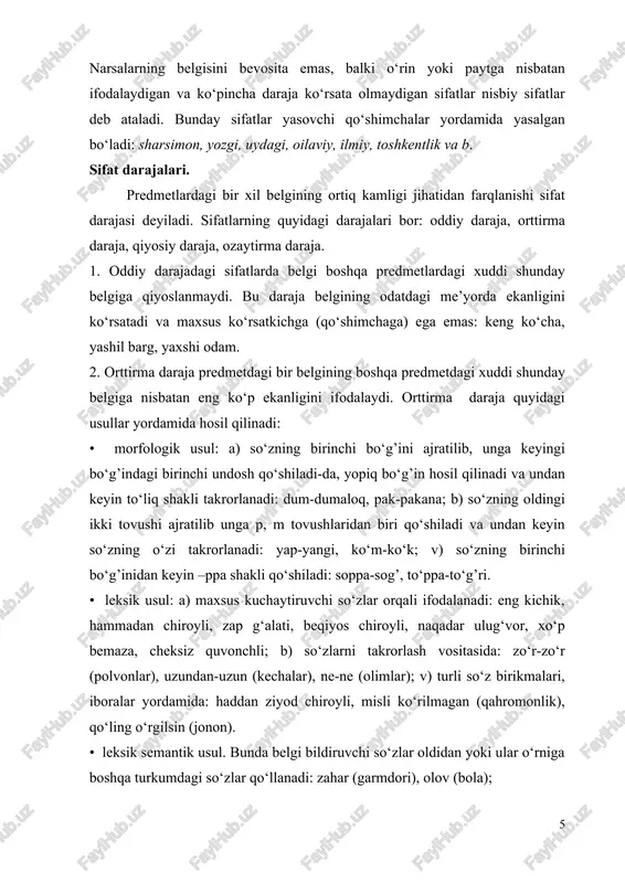 sal, aytarli, uncha, u qadar so‘zlarini keltirish bilan: yarim ochiq (eshik), uncha katta emas. ozaytirma va kuchaytirma sifatlar. ozaytirma sifatlar o‘zakdan anglashilgan rangning, belgining ozligini, kamligini bildiradi va quyidagicha yasaladi: • -ish, -imtir (-mtir). bulardan -ish, -imtir undosh tovush bilan bitgan oq, ko‘k kabi so‘zlarga, -mtir esa faqat qora sifatiga qo‘shiladi: oqish, ko‘kish, qoramtir. • rangni bildiruvchi sifatdan oldin och, nim so‘zlarini keltirish bilan. nim bilan hosil qilingan sifatlar qo‘shib yoziladi: och sariq nimpushti. • -kina (-gina, -qina). bu qo‘shimchalar o‘zakdan anglashilgan belgining kuchsizligini, ozligini bildiradi. k, g bilan bitgan so‘zlarga -kina q, g’ bilan bitgan so‘zlarga -qina, boshqa hollarda -gina qo‘shimchasi qo‘shiladi: kichkinagina, yumshoqqina, tuzukkina. kuchaytirma sifatlar o‘zakdan anglashilgan rangning, belgining ko‘pligini, ortiqligini bildiradi va quyidagicha hosil qilinadi: • sifatlarning bosh qismi p va m tovushlaridan biri bilan takrorlanadi: qizil –qipqizil, ko‘k – ko‘m-ko‘k. bunday sifatlar chiziqcha bilan yoziladi (oppoq sifati qo‘shib yoziladi). • sifatlarning birinchi bo‘g’ini keyingi bo‘g’inining …