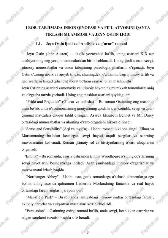 moiy rol va hissiyotlarning o'zaro aloqalarini o'rganadi. "emma" – bu romanda, asosiy qahramon emma woodhouse o'zining do'stlarining sevgi hayotlarini boshqarishga intiladi. asar, jamiyatdagi ijtimoiy o'zgarishlar va muvozanatni izlash haqida. "northanger abbey" – ushbu asar, gotik romanlarga o'xshash elementlarga ega bo'lib, uning asosida qahramon catherine morlandning fantastik va real hayot o'rtasidagi farqni anglash jarayoni bor. "mansfield park" – bu romanda jamiyatdagi ijtimoiy sinflar o'rtasidagi farqlar, axloqiy qarorlar va xulq-atvor masalalari ko'rib chiqiladi. "persuasion" – ostinning oxirgi romani bo'lib, unda sevgi, kechikkan qarorlar va o'tgan xatolarni tuzatish haqida so'z boradi. jeyn ostin asarlari adabiyotda o'ziga xos joyga ega. u o'zining asarlarida ijtimoiy sinf, gender, axloq va sevgi kabi muhim mavzularni yoritib, zamonasi uchun o'ziga xos va o'zgaruvchan ijtimoiy tizimlarni tahlil qiladi. uning asarlaridagi satira va ironiya, insonlarning ziddiyatli hissiyotlari, shuningdek, ajoyib xarakterlar yaratishi uning ijodini o'ziga xos qiladi. ostinning asarlari tezda mashhur bo'lgan va ular ko'plab tarjimalar va adaptatsiyalarni topgan. u o'zining …