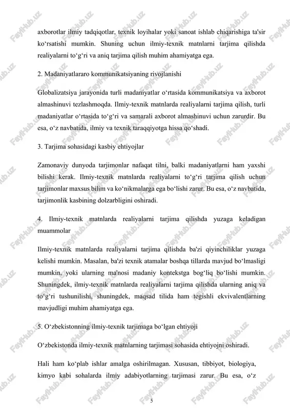nlarda uchraydigan realiyalarni tarjima qilishda yuzaga keladigan qiyinchiliklarni tahlil qilish va ularni bartaraf etish usullarini ishlab chiqish. realiyalarni tarjima qilishda yuzaga keladigan muammolarni aniqlash: ilmiy-texnik matnlarda realiyalarni tarjima qilishda uchraydigan asosiy muammolarni aniqlash va ularni tasniflash. tarjima jarayonida realiyalarni to‘g‘ri va aniq ifodalash usullarini ishlab chiqish: ilmiy-texnik matnlarda realiyalarni tarjima qilishda samarali usullarni ishlab chiqish va ularni amaliyotda qo‘llash. o‘zbekistonda ilmiy-texnik tarjima sohasida realiyalarni tarjima qilishning ahamiyatini ko‘rsatish: o‘zbekistonda ilmiy-texnik matnlarni tarjima qilishda realiyalarni to‘g‘ri va aniq tarjima qilishning ahamiyatini ta'kidlash. ilmiy-texnik tarjima sohasida malakali mutaxassislarni tayyorlashga hissa qo‘shish: ilmiy-texnik matnlarni tarjima qilishda realiyalarni to‘g‘ri va aniq tarjima qilish bo‘yicha tavsiyalar ishlab chiqish va bu sohada malakali mutaxassislarni tayyorlashga hissa qo‘shish. ushbu maqsadlar orqali ilmiy-texnik tarjimadagi realiyalarni tarjima qilishning nazariy va amaliy jihatlarini chuqur o‘rganish, tarjima jarayonidagi muammolarni hal qilish va bu sohada malakali mutaxassislarni tayyorlashga erishish ko‘zda tutilgan. kurs ishining vazifalari. bitiruv malakaviy ishining maqsadidan kelib chiqqan holda quyidagi …