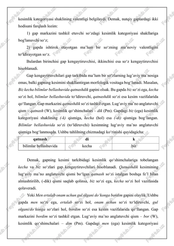tashkil etgan. lug‘aviy ma’no anglatuvchi qism – bor (w), kesimlik qo‘shimchalari – dim (pm). gapdagi men (ega) kesimlik kategoriyasi shaklining (-m) qismiga, ertalab (hol) esa (-di) qismiga bog'langan. do‘konga va gul olgani birliklari (hol) kesimning lug‘aviy ma’no anglatuvchi qismiga, onam uchun birligi gul olgani birligiga bog‘langan. ushbu tahlilning chizmadagi ko‘rinishi quyidagicha: bor di m do‘konga ertalab men gul olgani onam uchun ushbu gapda ham gapning kesimi tarkibidagi kesimlik qo‘shimchalariga tobelangan ertalab va men so‘zlari gap kengaytiruvchilari hisoblanadi. bordim kesimining lug‘aviy ma’no anglatuvchi qismi bo‘lgan bor so‘zi istalgan boshqa fe’l bilan almashtirilib, (-dim) qismi saqlab qolinsa, men so‘zi ega, ertalab so‘zi hol vazifasida qolaveradi. ega – gap kengaytiruvchisi. kesimlik kategoriyasi gapning markazini shakllantiruvchi asosiy vosita bo‘lganligi sababli, yuqorida keltirilgan gapdagi ega gapning sintaktik qurilishiga bevosita aloqador qism – gap kengaytiruvchisi deb baholanishi kerak. eganing mavjudligi kesim vazifasida kelgan so‘zning ma’nosi bilan emas, balki kesimlik grammatik shaklining, jumladan, uning tarkibidagi shaxs-son ma’nosi …